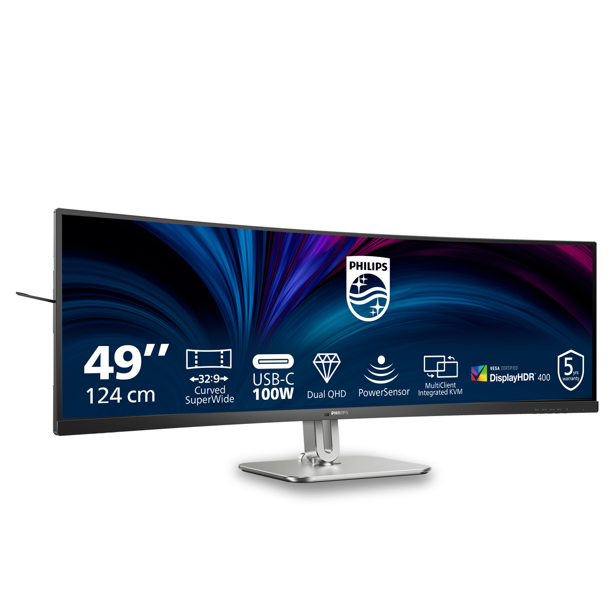 Zakrzywiony monitor Philips 49 cali. Funkcje: USB-C, Dual QHD, PowerSensor i DisplayHDR 400. Posiada 5-letnią gwarancję.