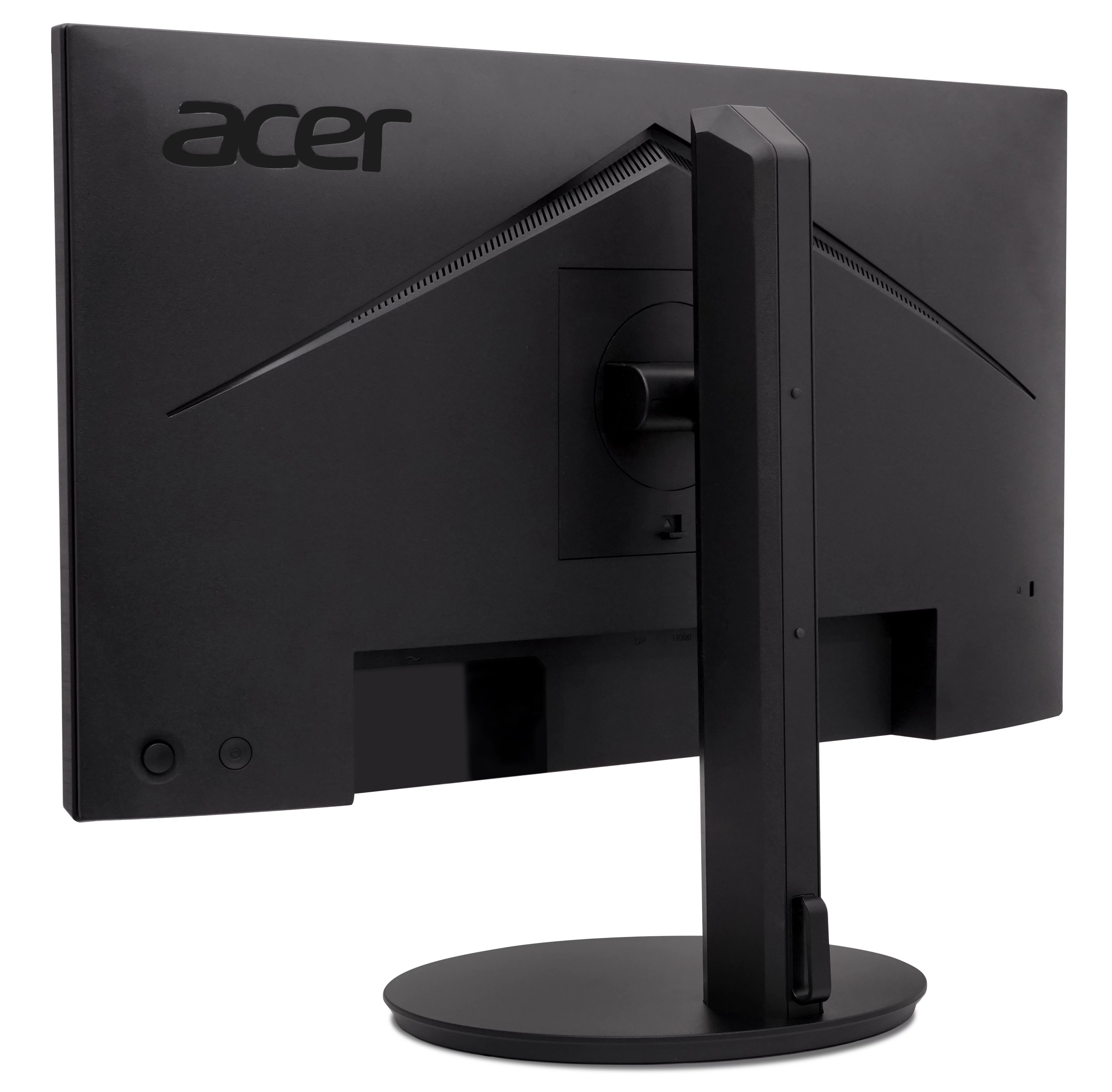 The back of a black Acer monitor. The stand is black and circular. The Acer logo is visible.