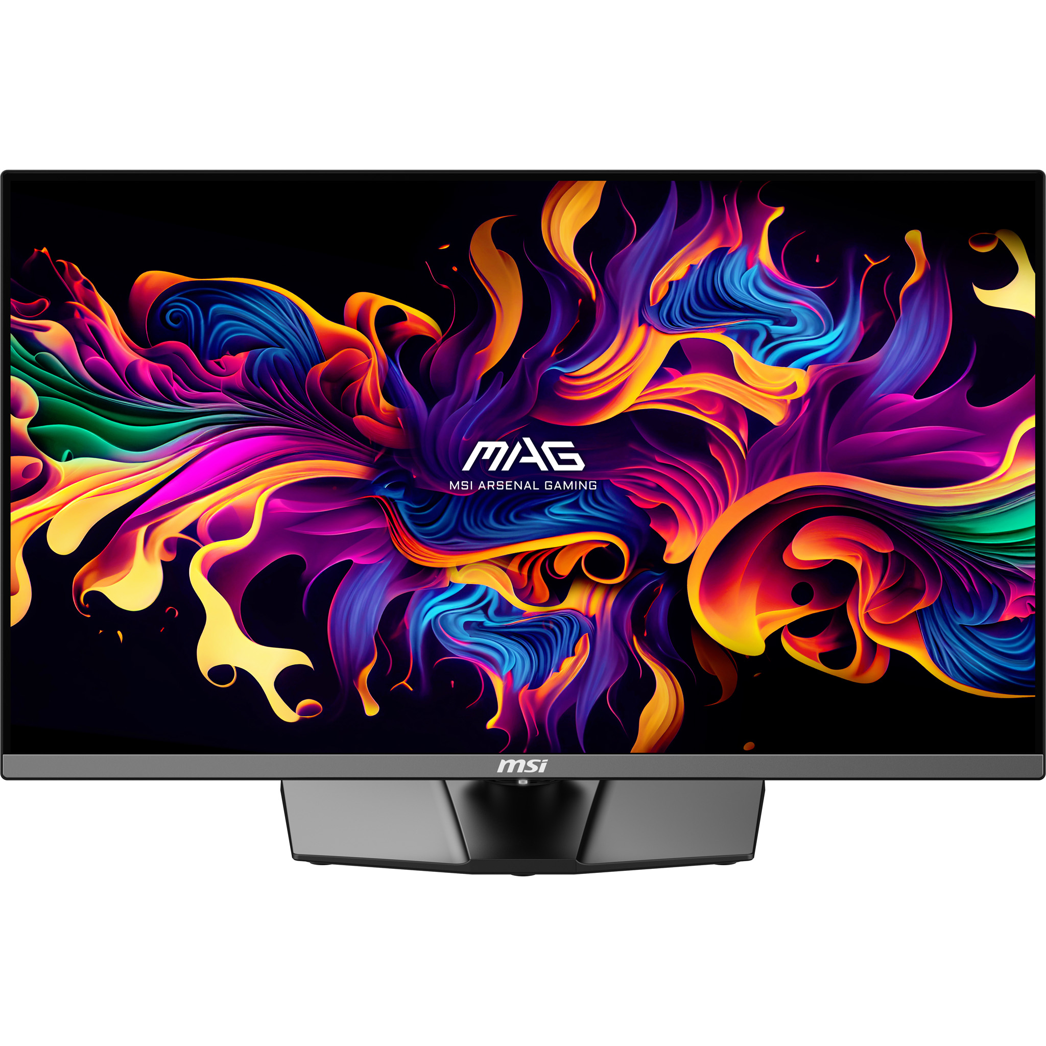 Monitor MSI z kolorowym, abstrakcyjnym tłem. Monitor ma srebrną ramkę i podstawę, wyświetlając logo MAG.