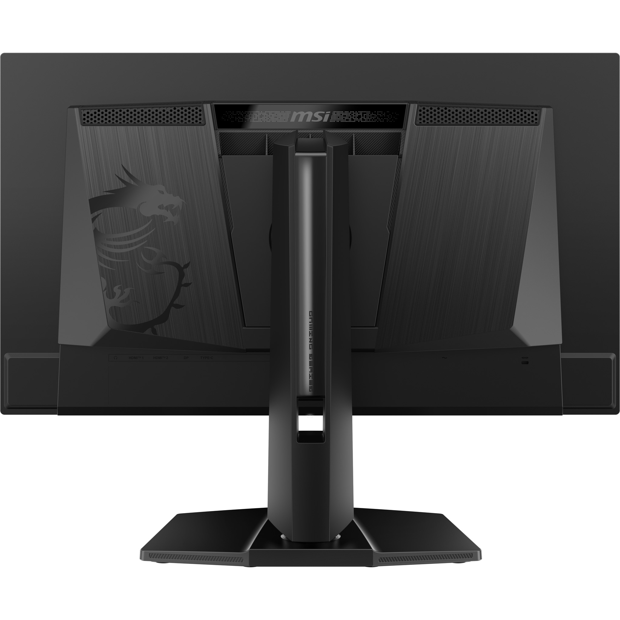Schwarzer MSI-Gaming-Monitor-Rückansicht. Mit Drachenlogo, Ständer und Anschlüssen. Der Markenname ist sichtbar.