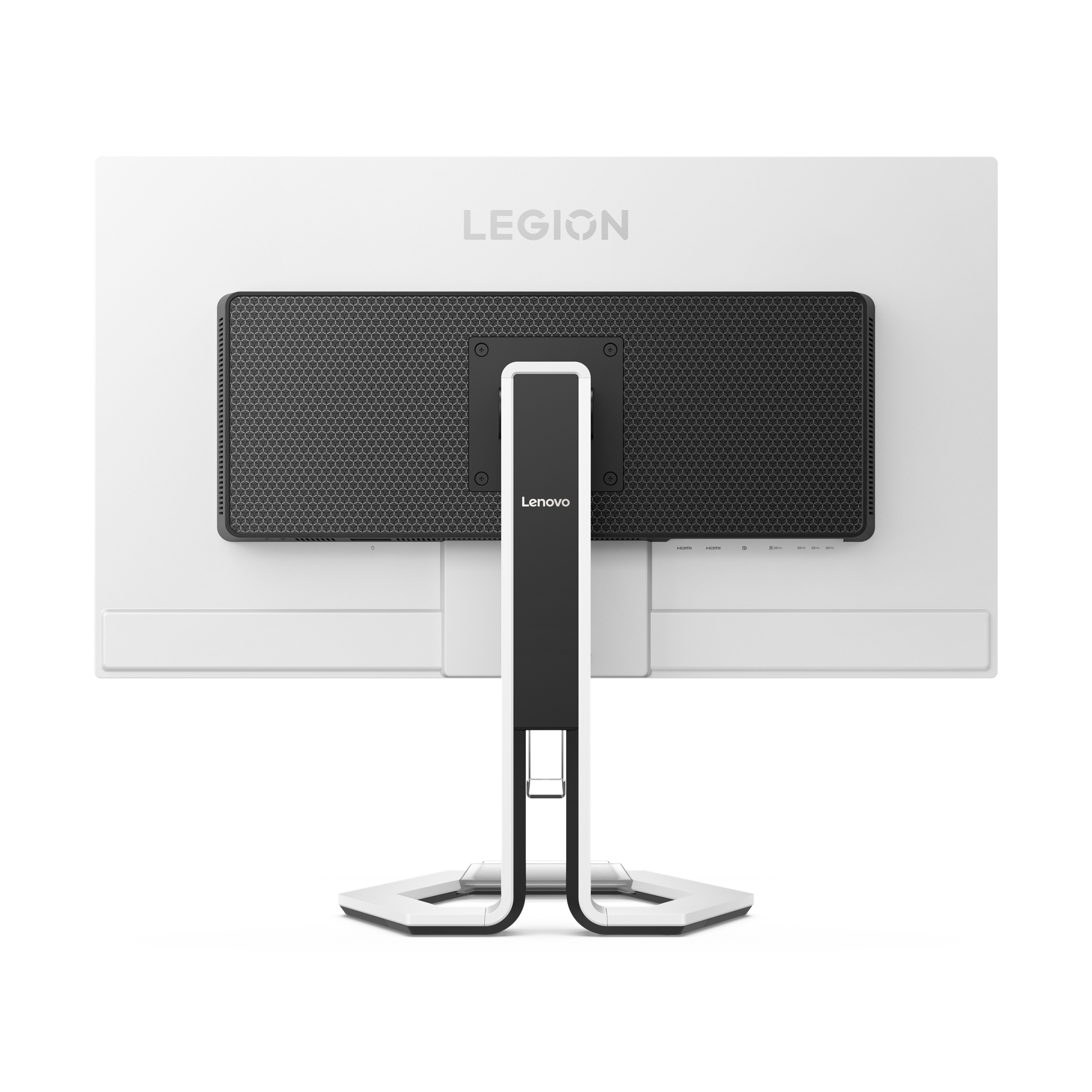 Tył monitora Lenovo Legion. Ma czarne, wzorzyste centrum, białą ramę i czarno-białą podstawę.