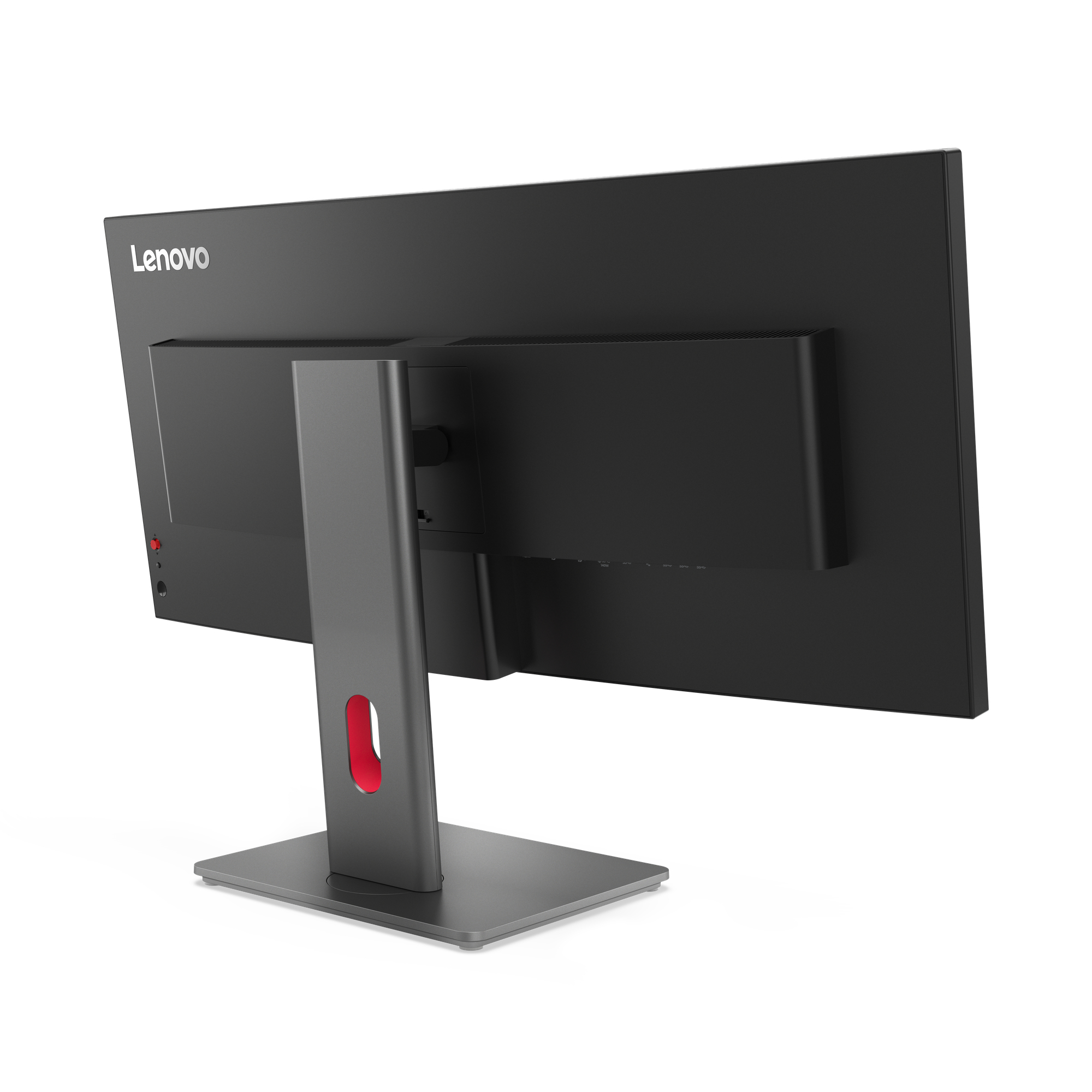 Widok z tyłu czarnego monitora Lenovo z szarą podstawą i czerwonym akcentem. Monitor stoi na białym tle.
