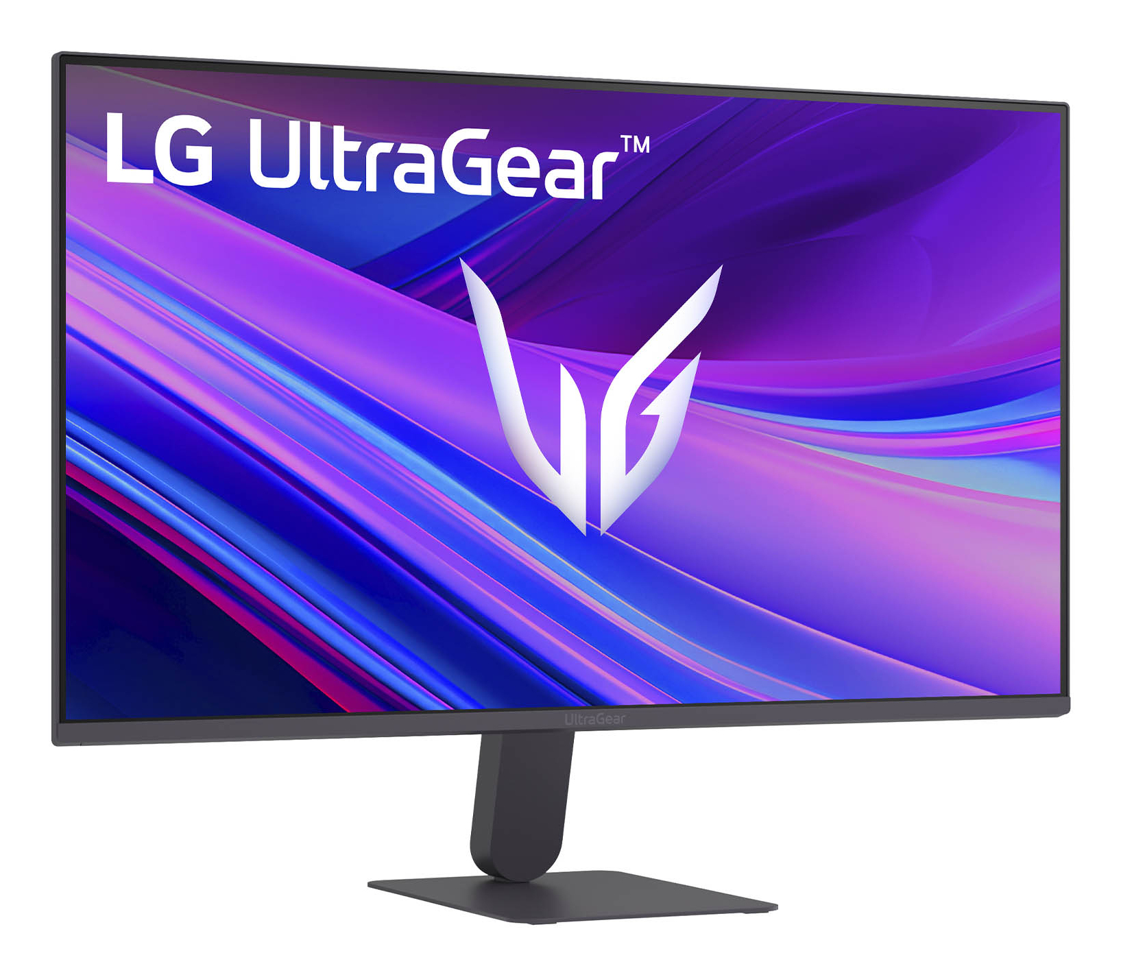 Monitor LG UltraGear. Ekran wyświetla fioletowe i niebieskie fale, białe logo. Ciemnoszara podstawa i ramka. Izolowane na białym tle.
