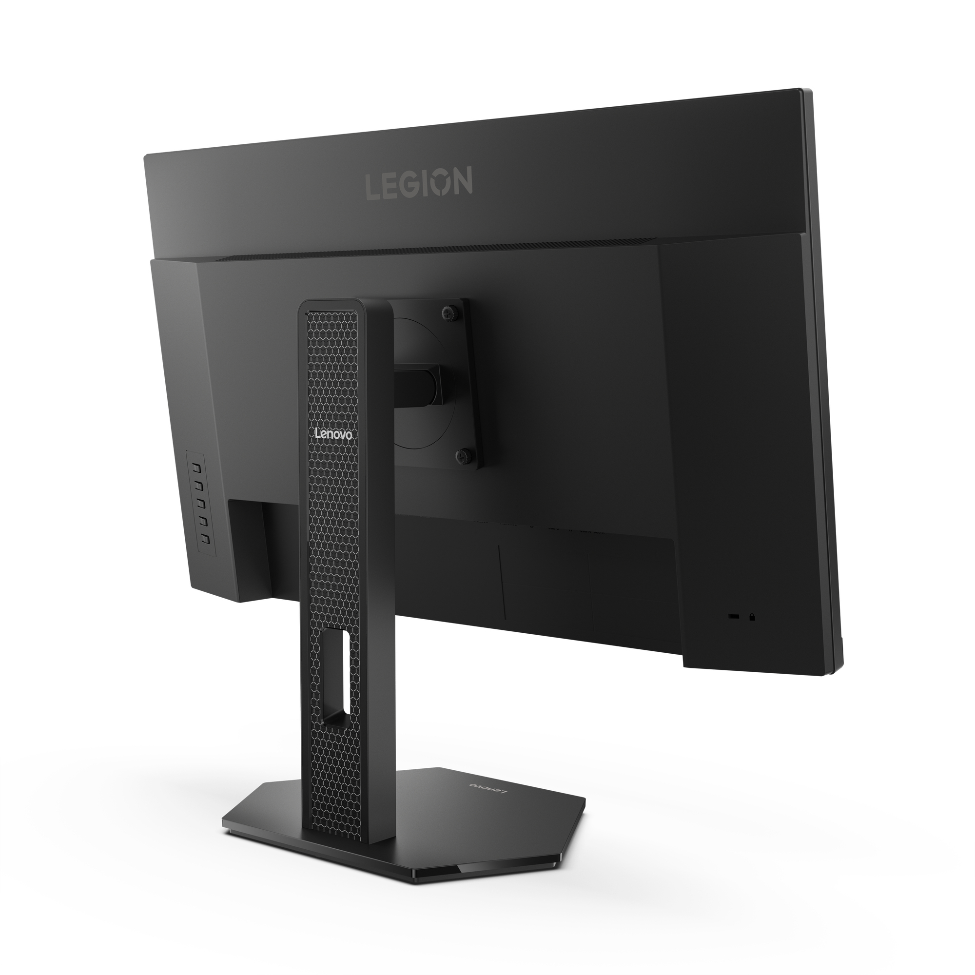 Widok z tyłu czarnego monitora Lenovo Legion. Stojak ma wzór sześciokątny. Widoczne jest słowo LEGION.