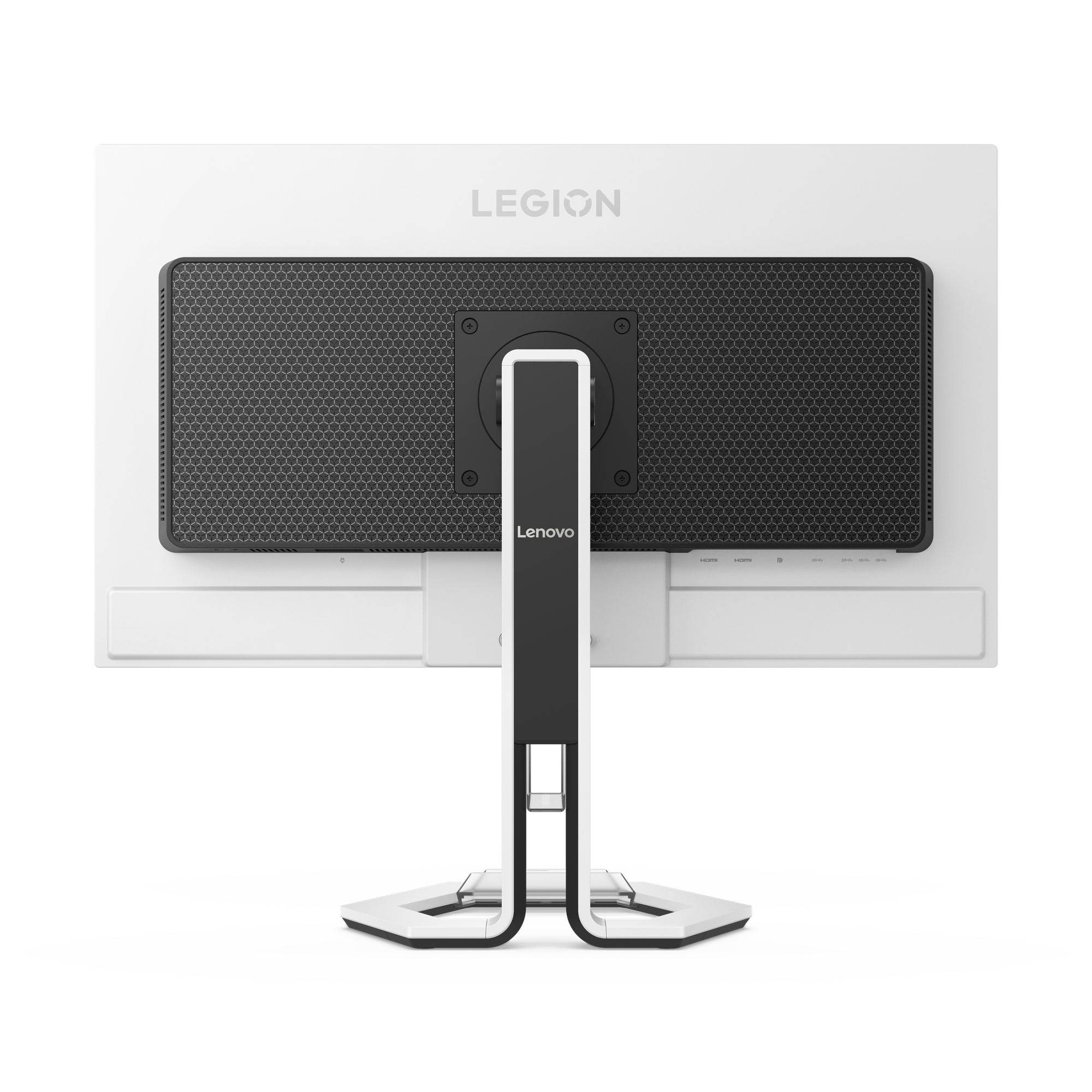 Widok z tyłu monitora Lenovo Legion. Ma białą ramę, czarną podstawę i czarno-szary wzór na plecach.