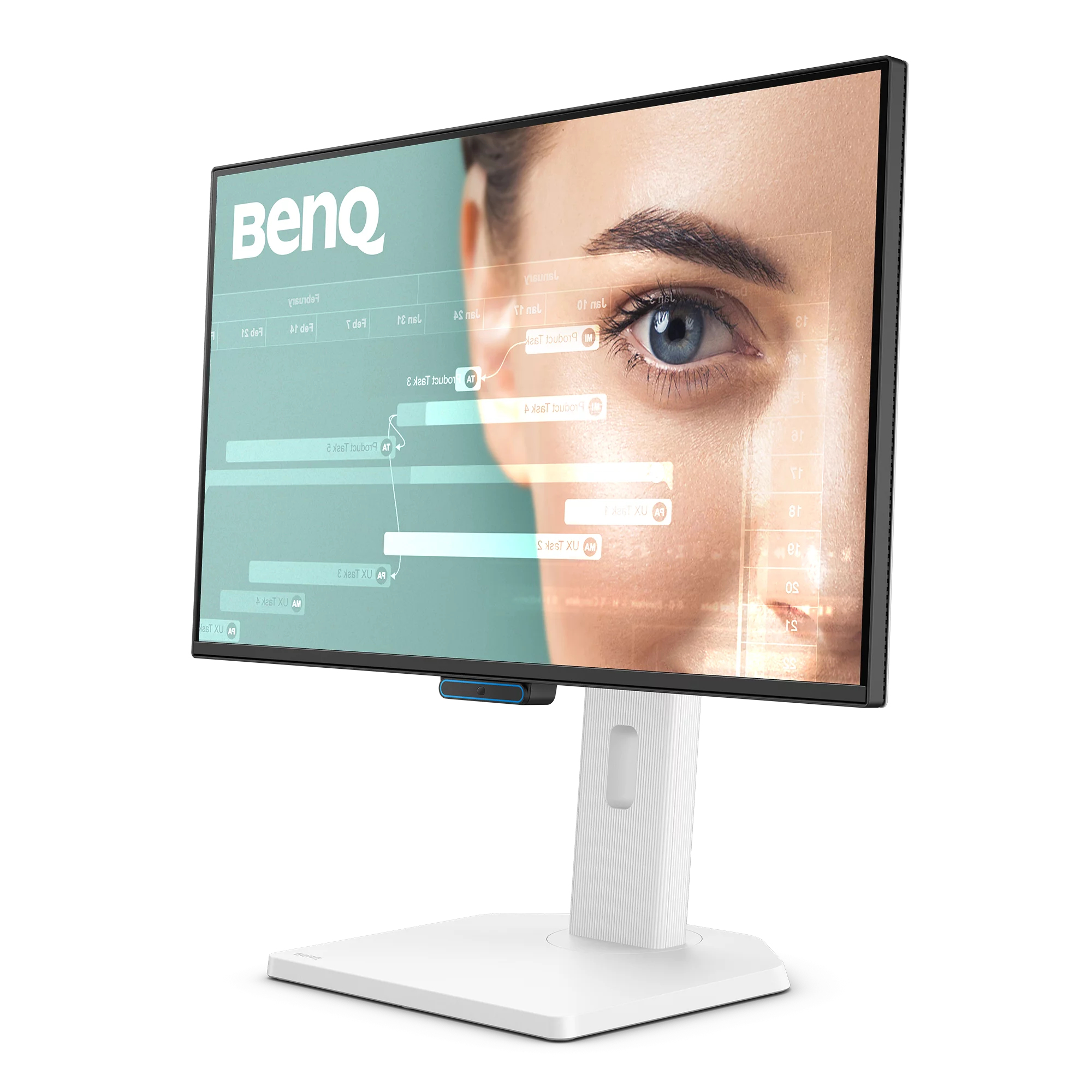 Een computermonitor met een gedeeltelijke afbeelding van een gezicht. Het scherm toont gegevens. De monitor is wit en zwart.