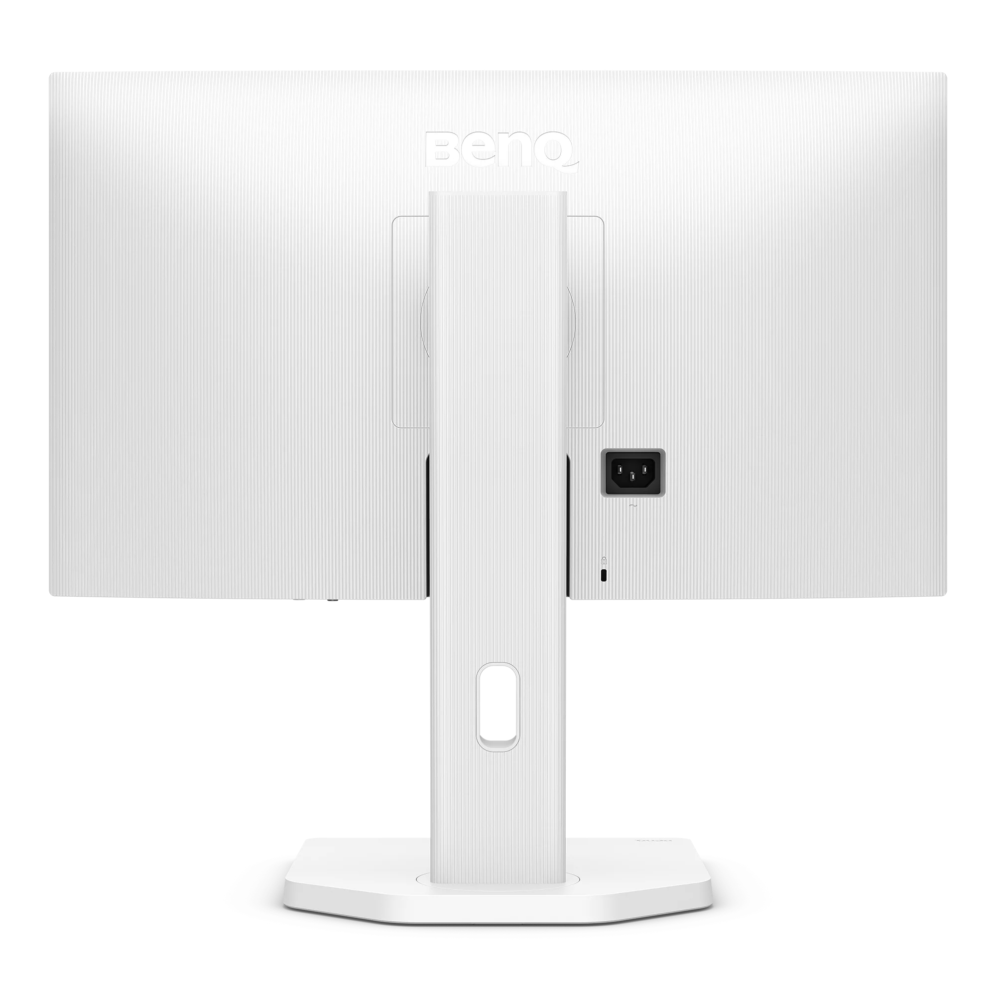 Achteraanzicht van een witte BenQ-monitor. Hij heeft een standaard, een stroomingang en een logo. Het achterpaneel is wit met verticale lijnen.