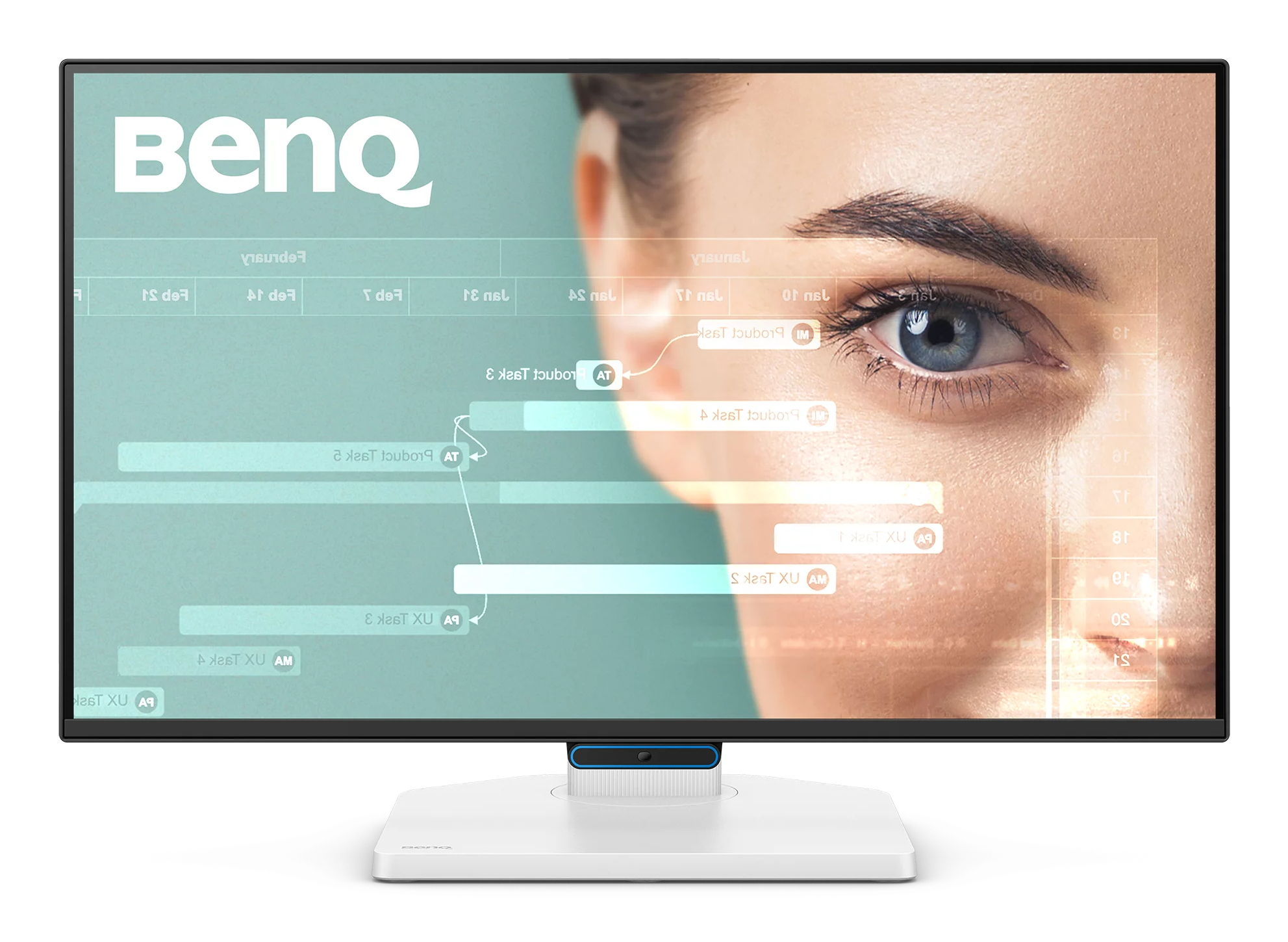 Een computermonitor toont het oog van een vrouw en een gebruikersinterface. De monitor heeft een witte standaard en een BenQ-logo. Het scherm heeft UI-elementen.