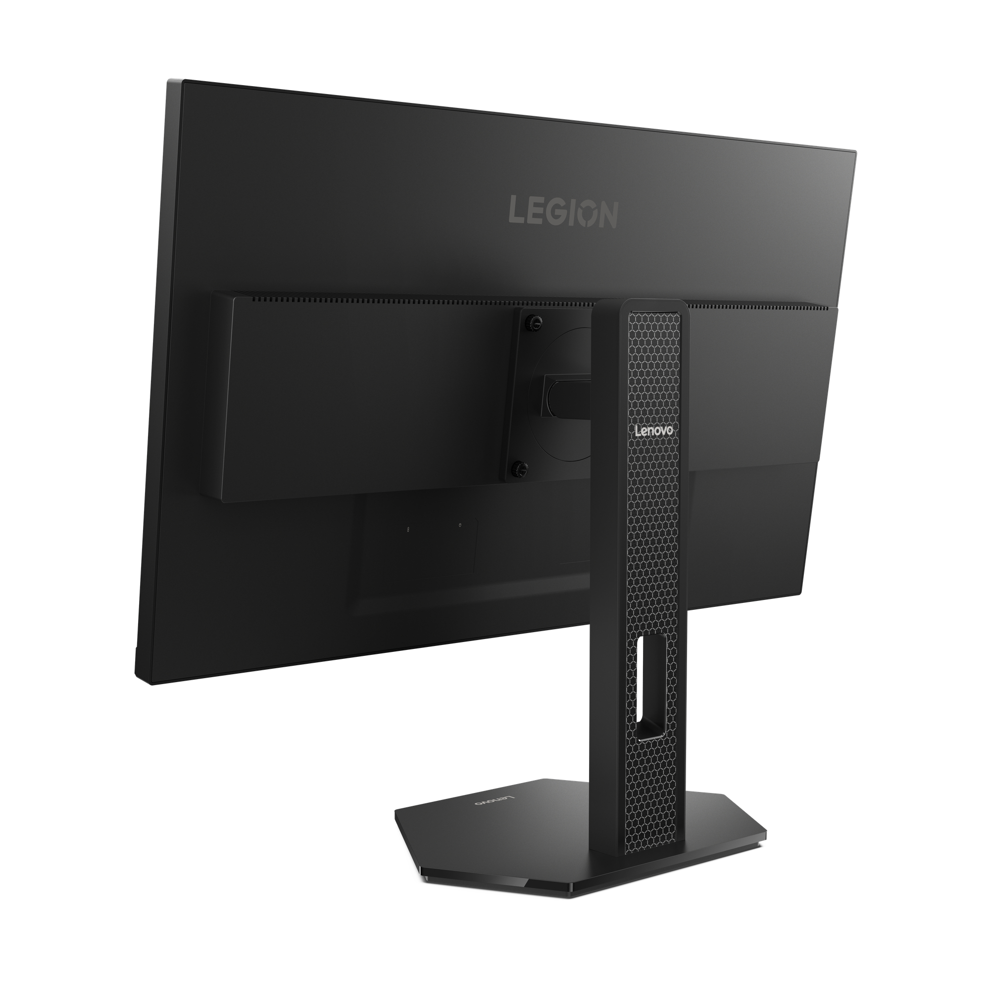 Widok z tyłu czarnego monitora Lenovo Legion. Stojak jest czarny, a ekran ma logo Legion.