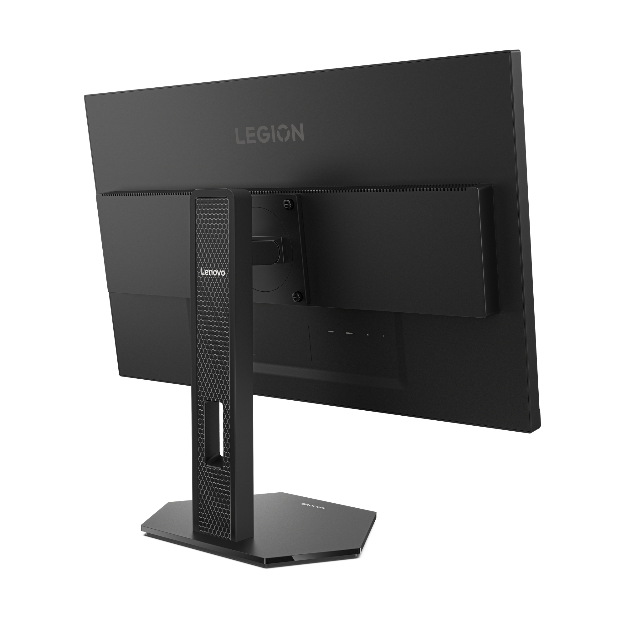 Widok z tyłu czarnego monitora Lenovo Legion. Stojak jest również czarny z wzorem plastra miodu.