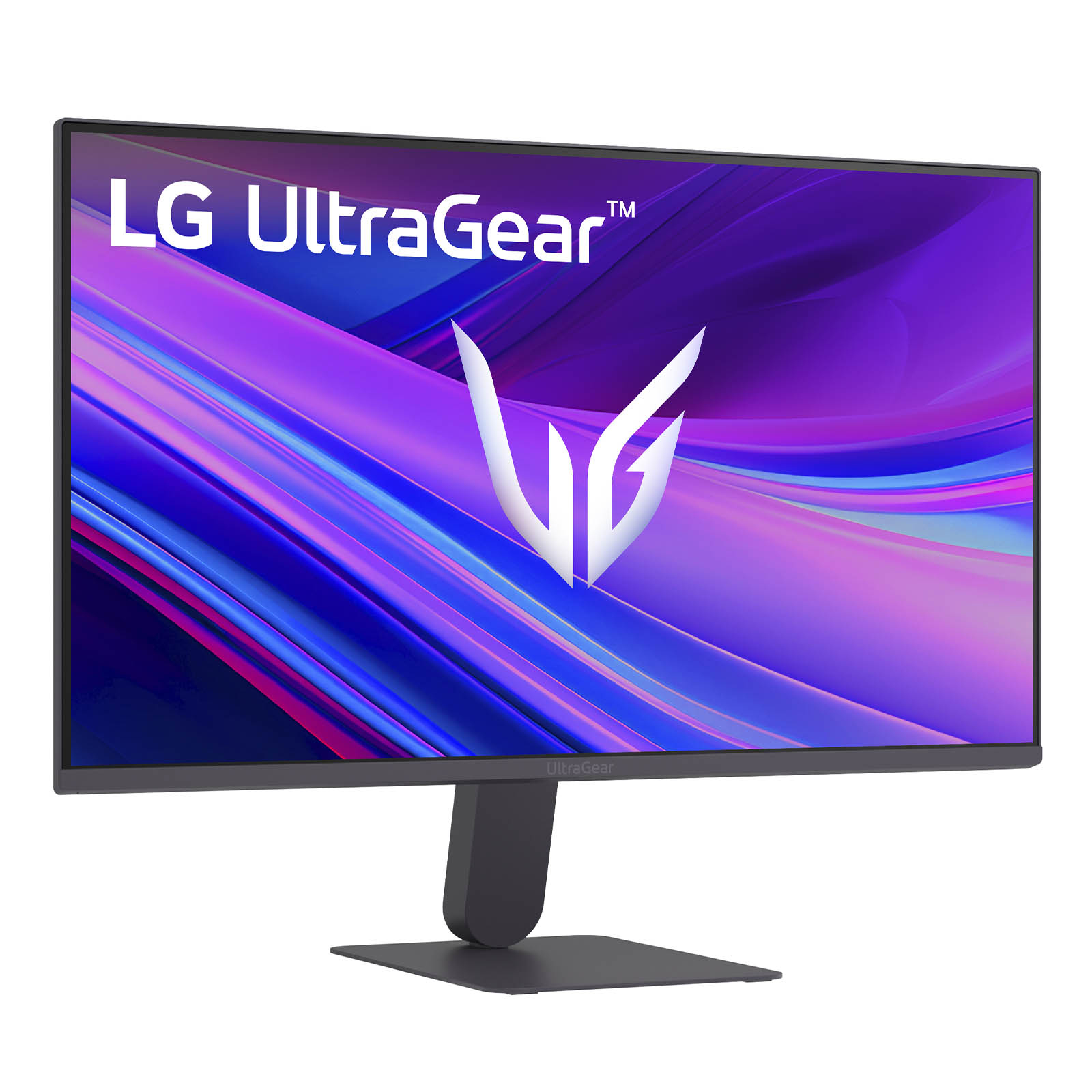 Monitor LG UltraGear. Ekran z abstrakcyjnymi kolorami. Białe logo na środku. Ciemna podstawa.