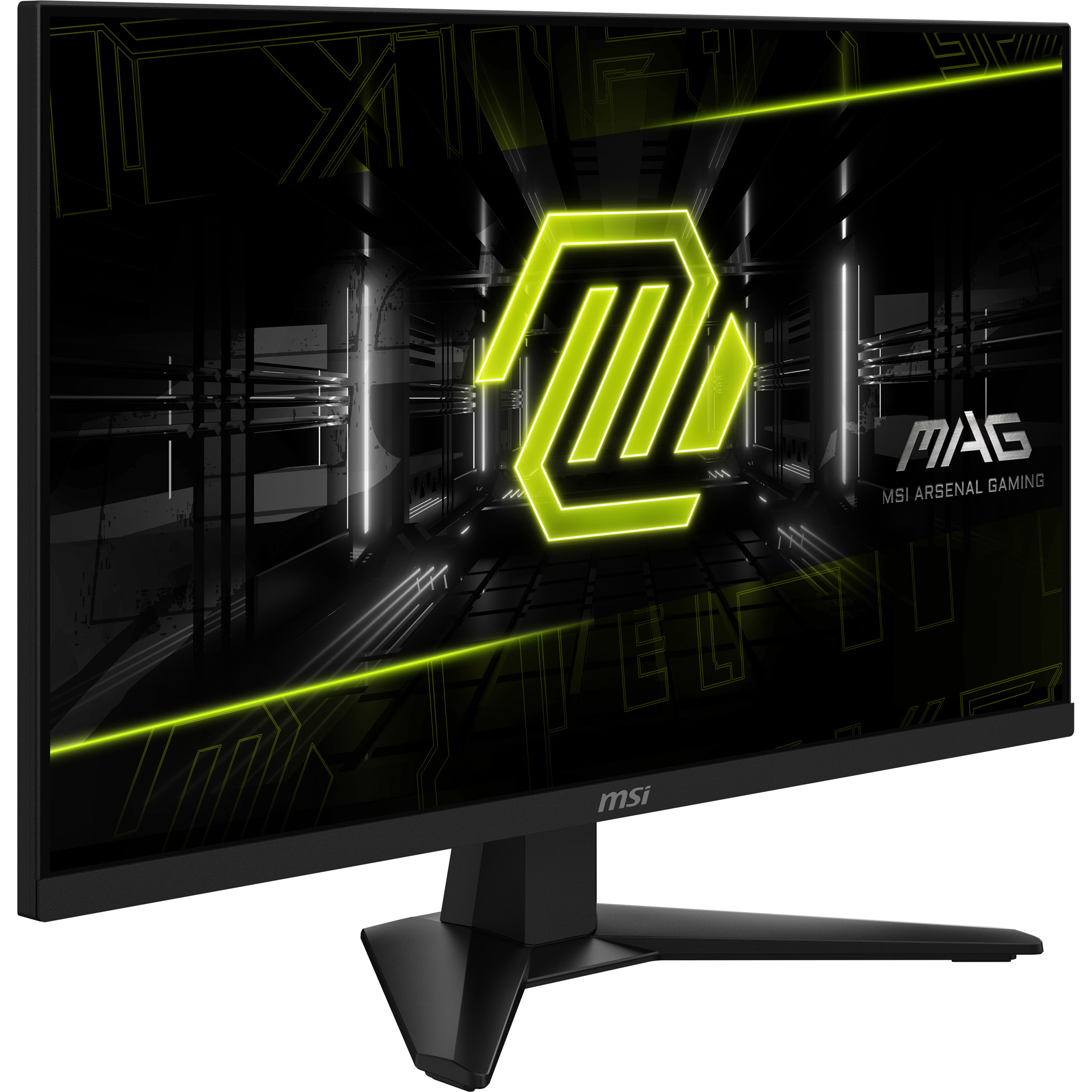 Neon yeşili logo ve detaylara sahip siyah MSI oyun monitörü. Ekran soyut bir tasarım gösteriyor.