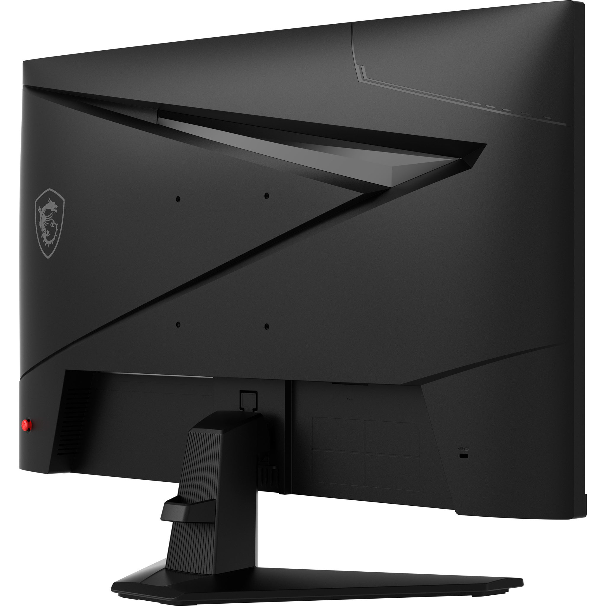Siyah bir bilgisayar monitörünün arkadan görünümü. Bir standı, MSI logosu ve bazı bağlantı noktaları var. Kırmızı bir ışık yanıyor.