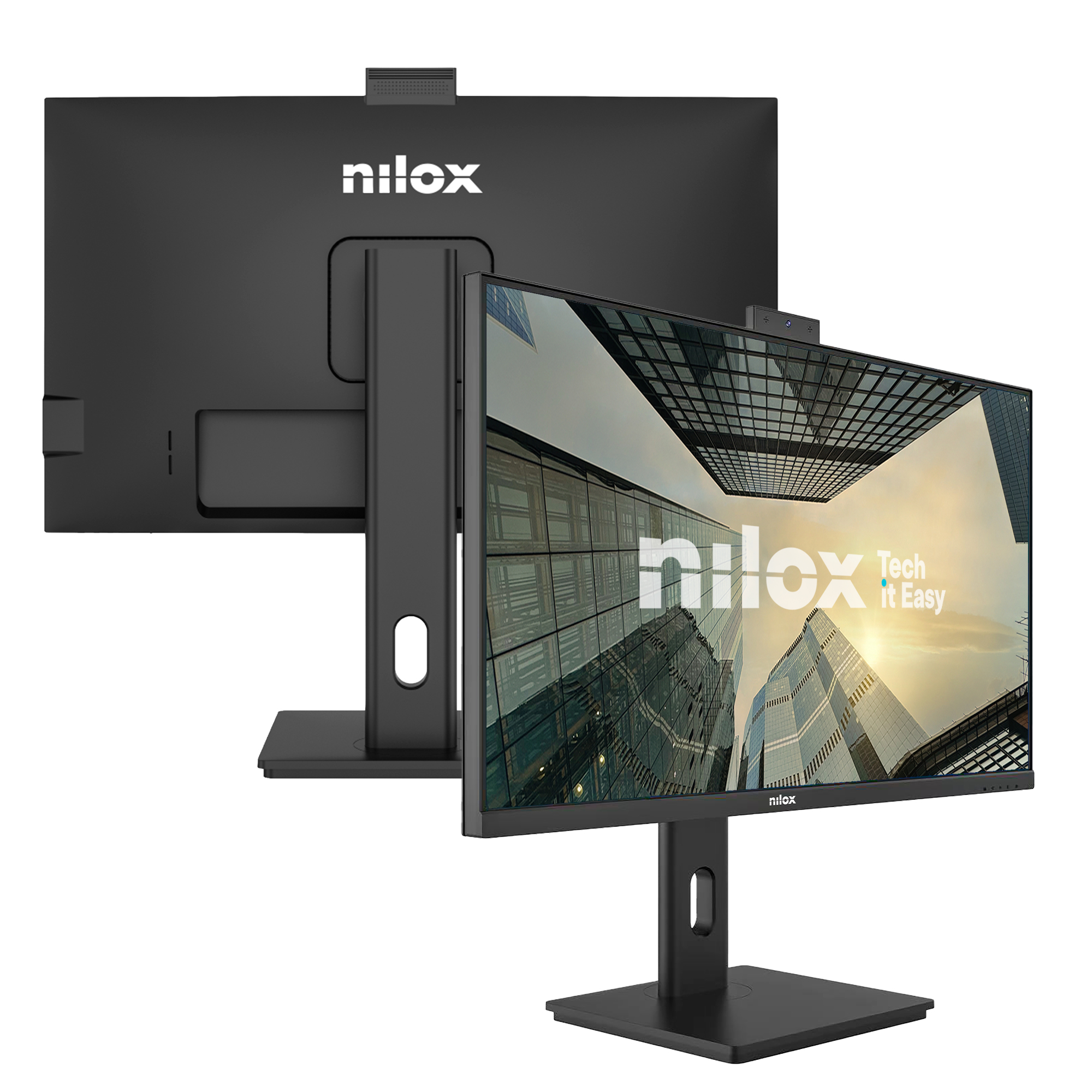 Dwa czarne monitory Nilox. Jeden pokazuje budynek biurowy. Drugi pokazuje tył z logo Nilox.