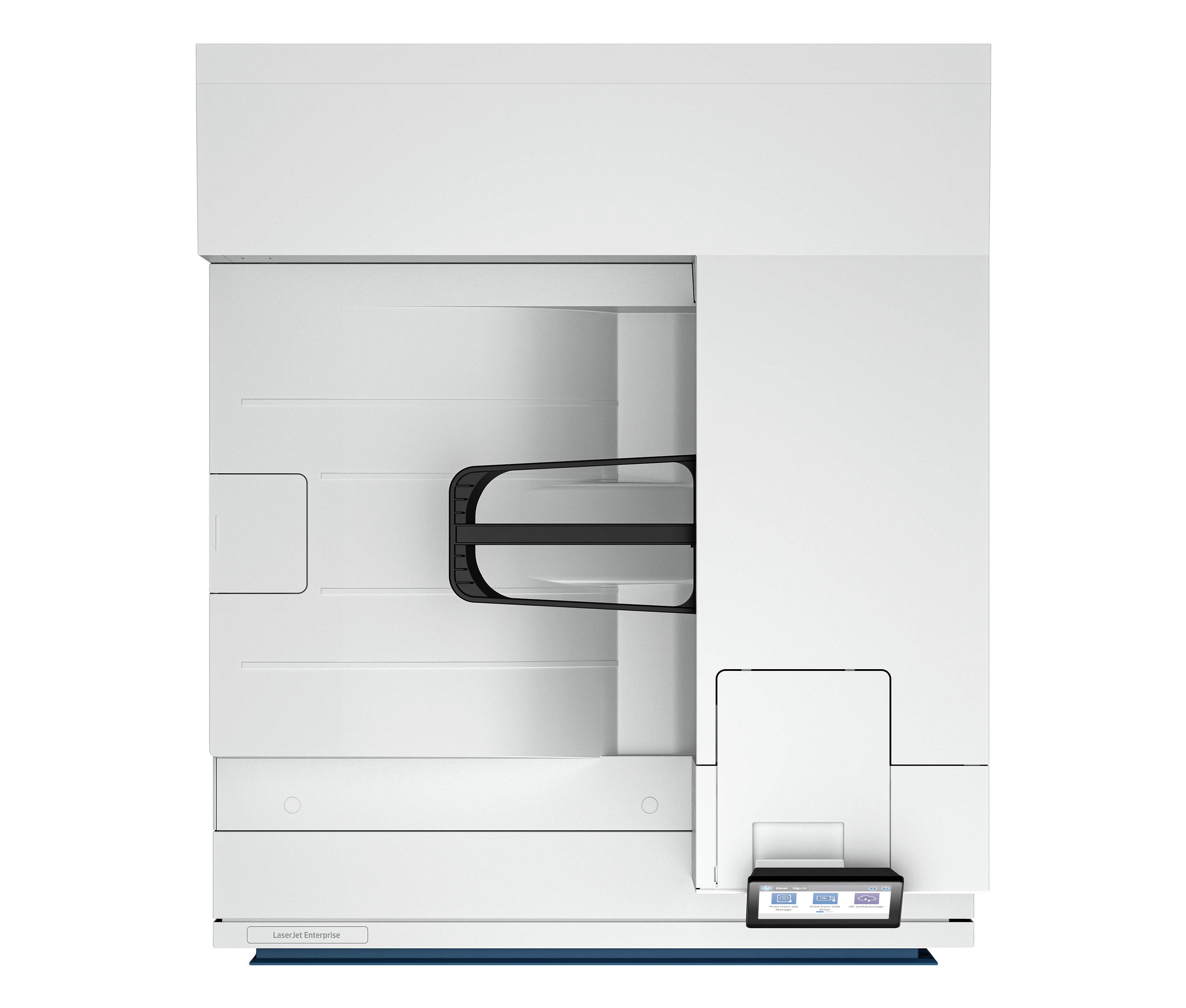 Biała drukarka z czarnym uchwytem. Panel sterowania z przyciskami znajduje się w prawym dolnym rogu.