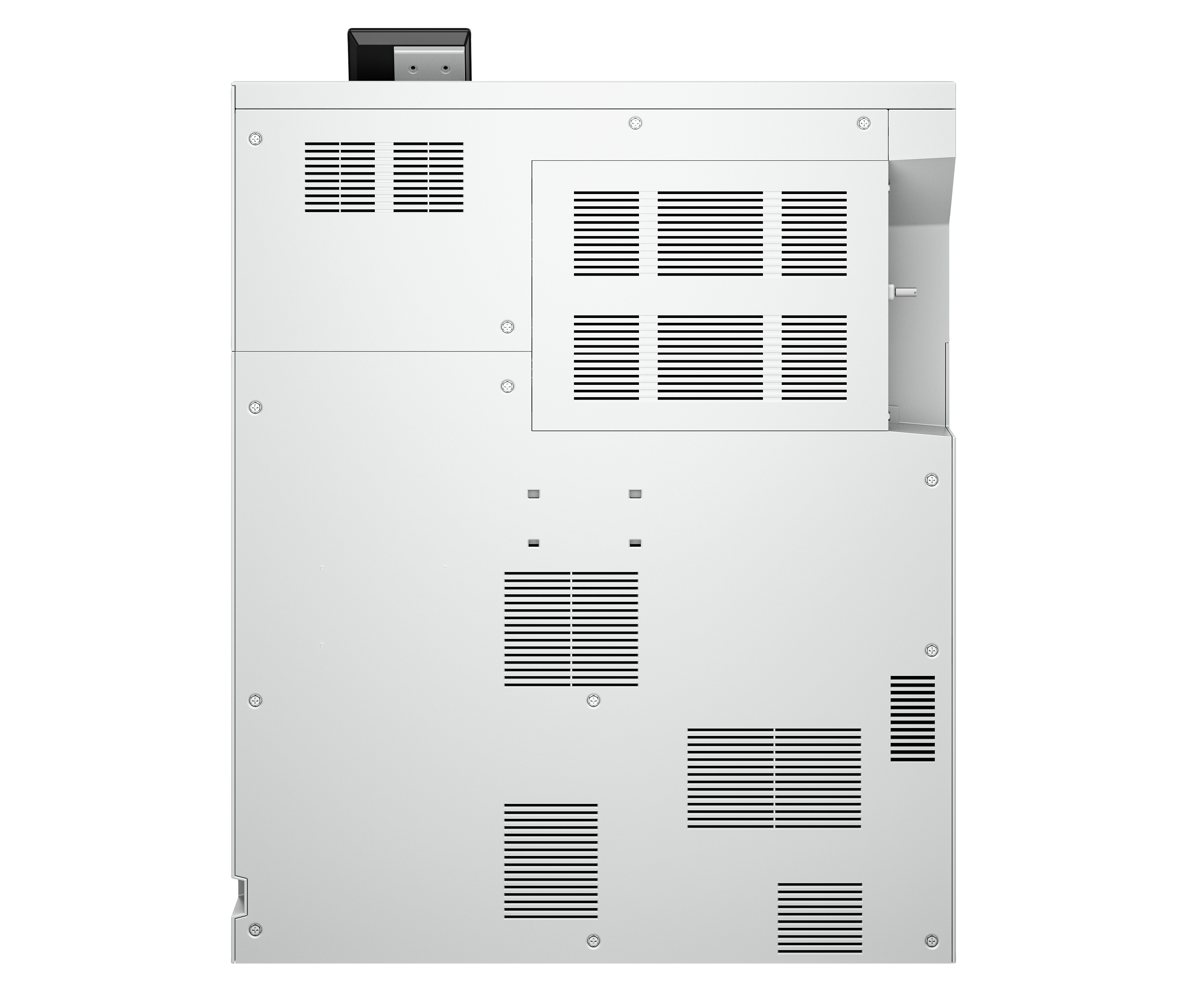 Biała, duża maszyna z otworami wentylacyjnymi i czarnym wierzchem na białym tle.