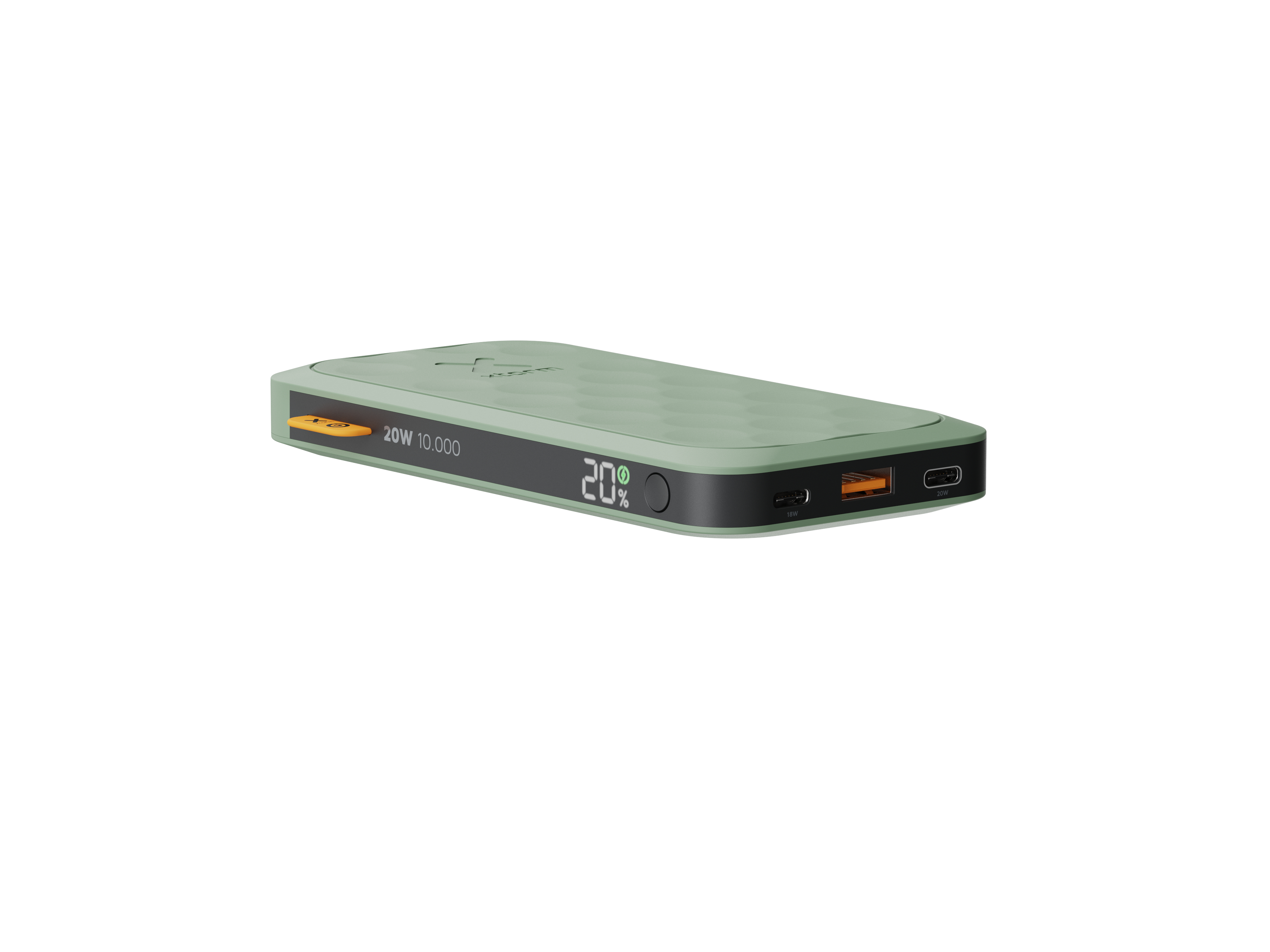 Eine grüne Powerbank mit digitaler Anzeige, die 20 % Ladung anzeigt. Sie hat eine strukturierte Oberseite und Anschlüsse.
