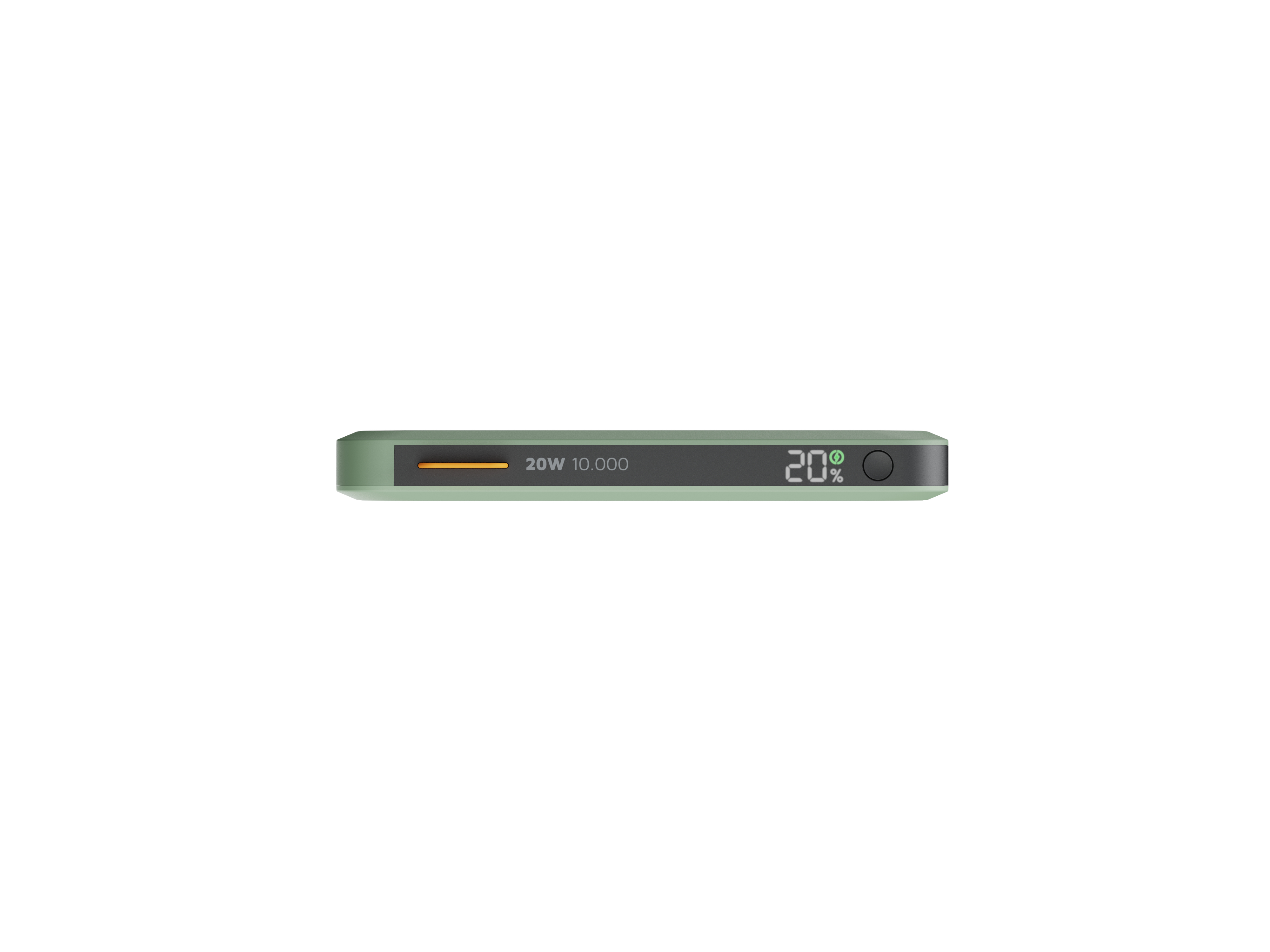 Eine grüne Powerbank zeigt 20 % Ladung an. Sie hat eine Leistungsanzeige und eine Taste. Der Hintergrund ist weiß.