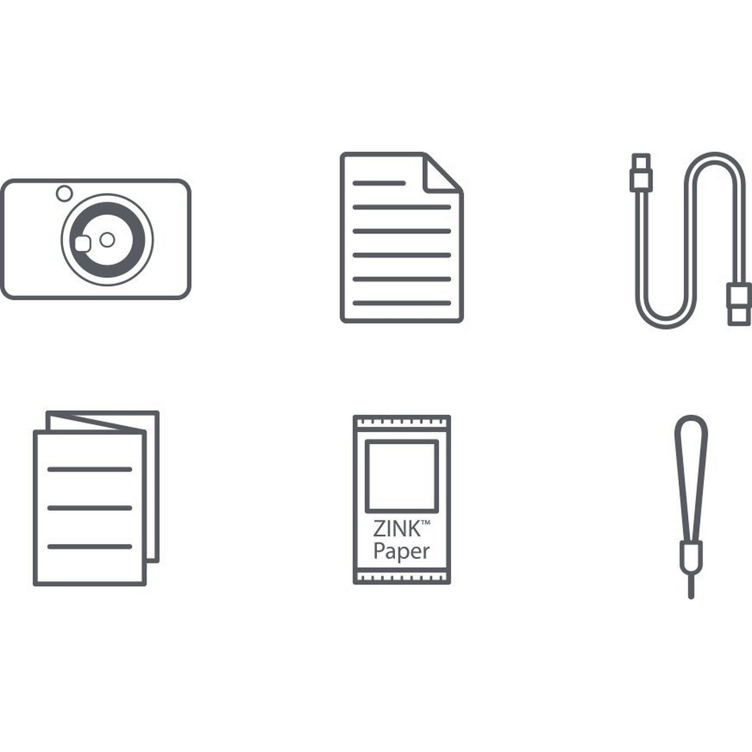 Iconos delineados de una cámara, un documento, un cable USB, dos documentos, un paquete de papel ZINK y una correa para la muñeca son visibles.