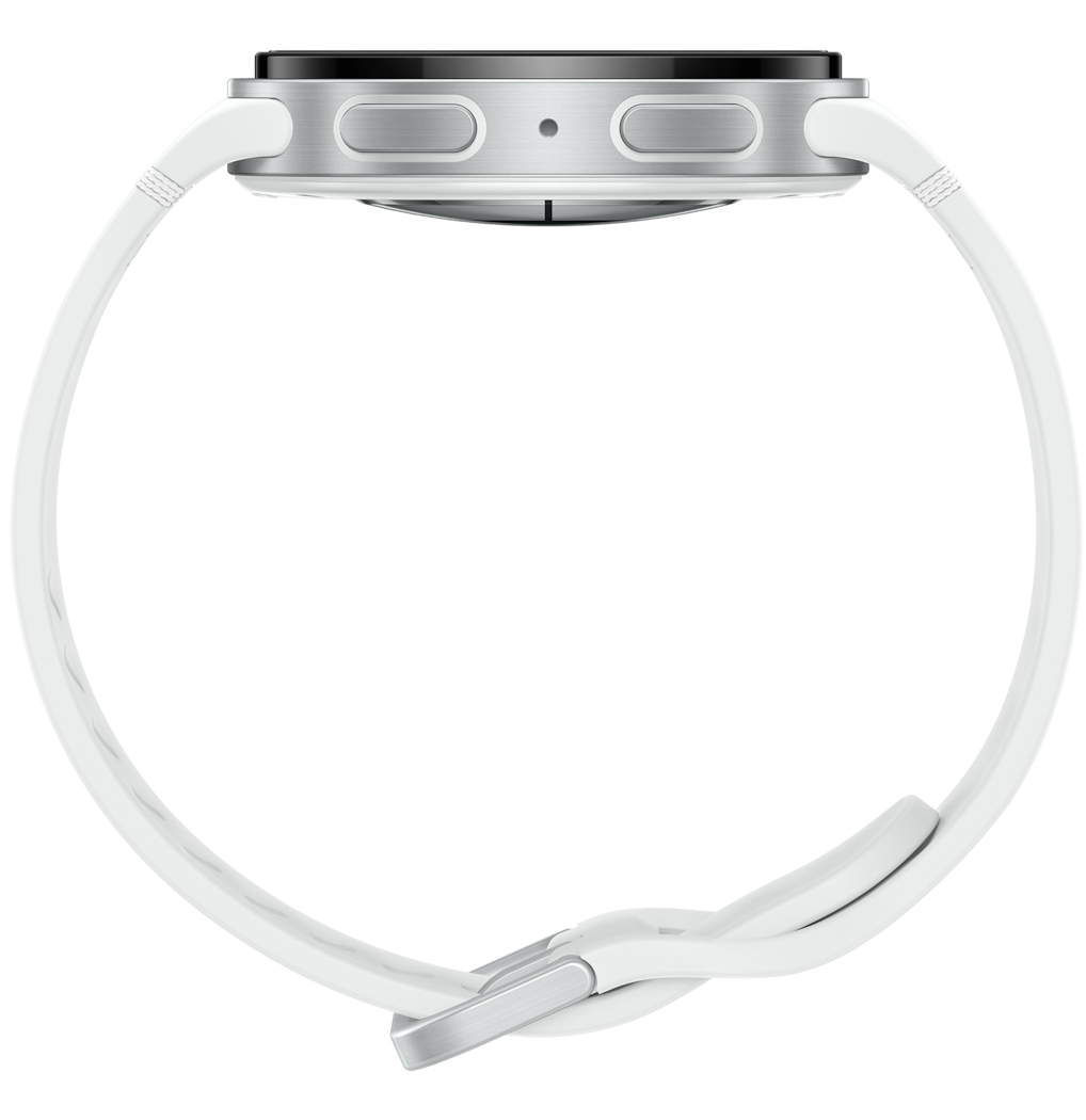 Vista laterale di uno smartwatch bianco con cinturino bianco, fibbia in metallo e schermo nero. L'orologio è su sfondo bianco.