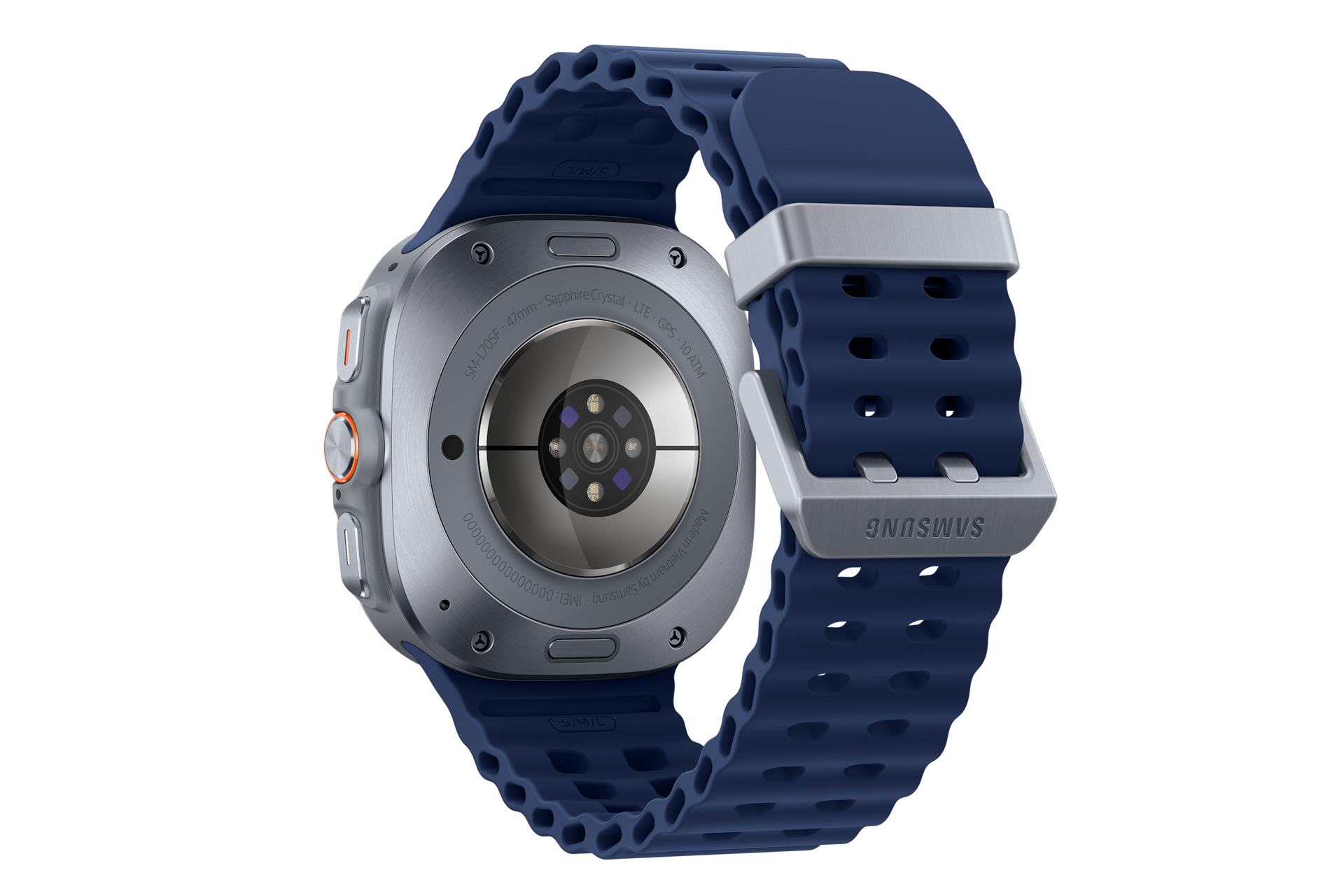 Tył smartwatcha Samsung. Niebieski pasek, srebrna obudowa i różne napisy, w tym 'Samsung'.