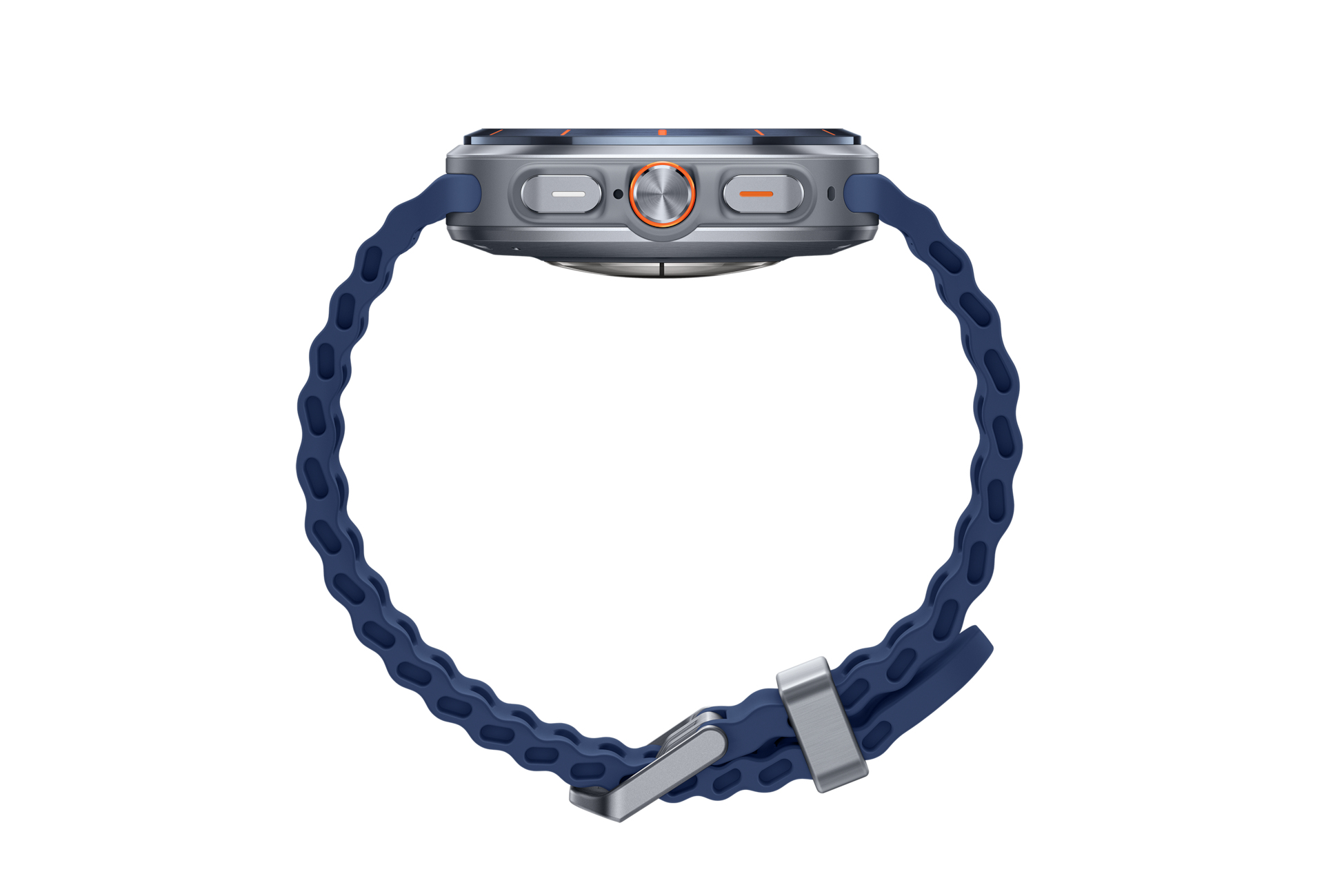Widok z boku smartwatcha z niebieskim paskiem. Zegarek jest srebrny z pomarańczowymi akcentami na przyciskach i tarczy.