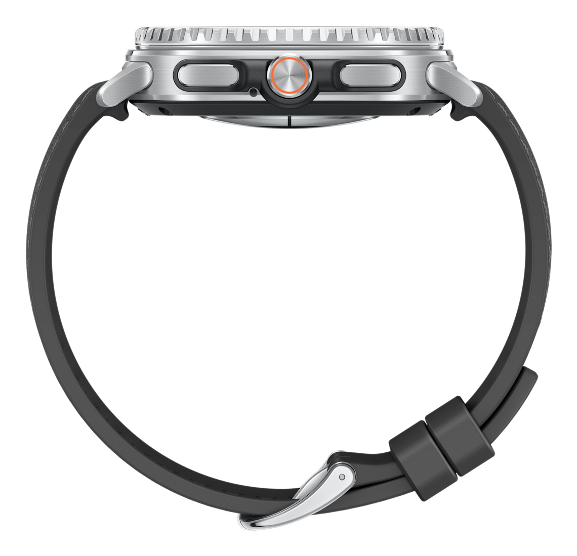 Vista laterale di un orologio argentato con cinturino nero. L'orologio ha un pulsante arancione e una fibbia argentata.