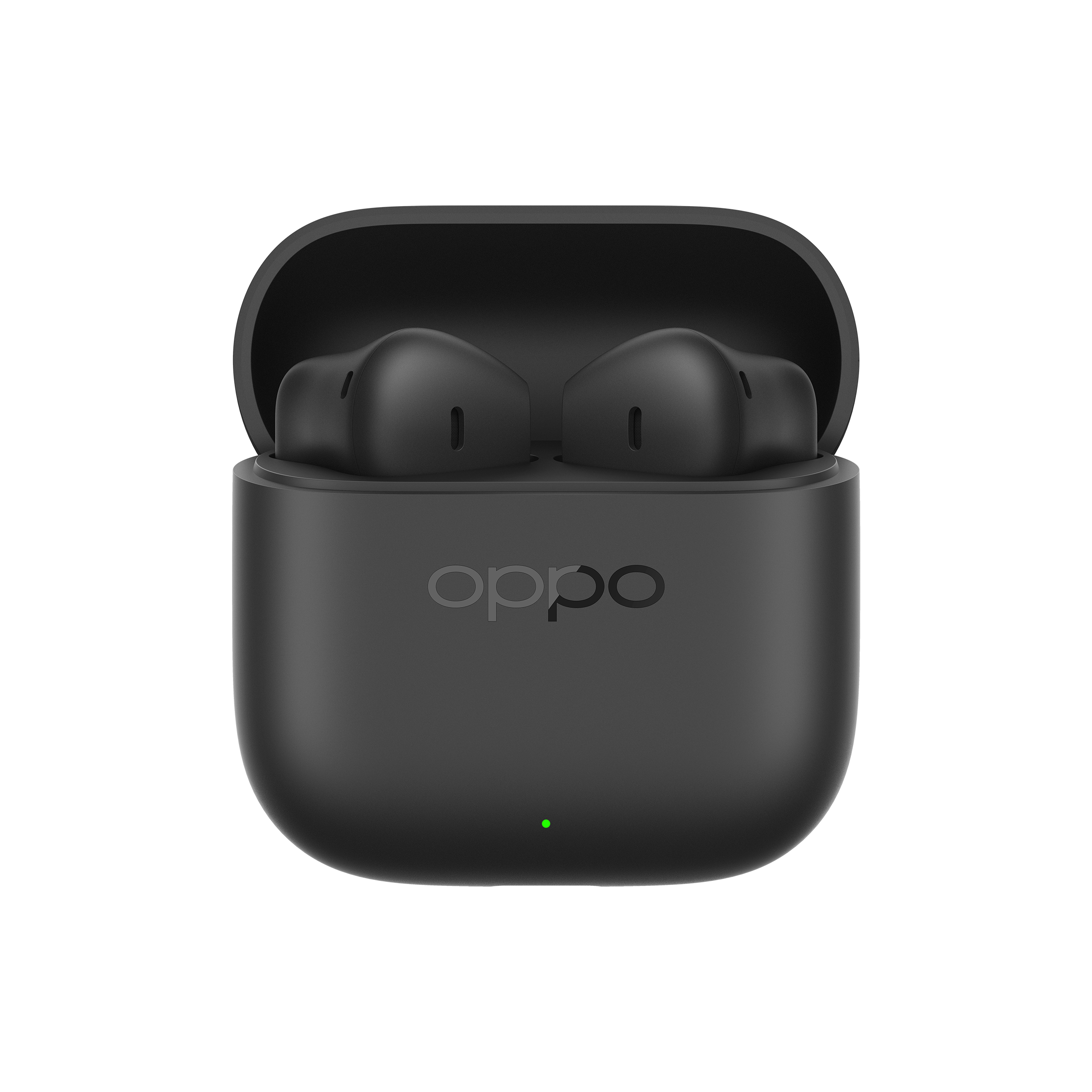 Schwarze Oppo-Ohrhörer in einem offenen Etui. Das Etui hat das Oppo-Logo. Ein grünes Licht leuchtet.