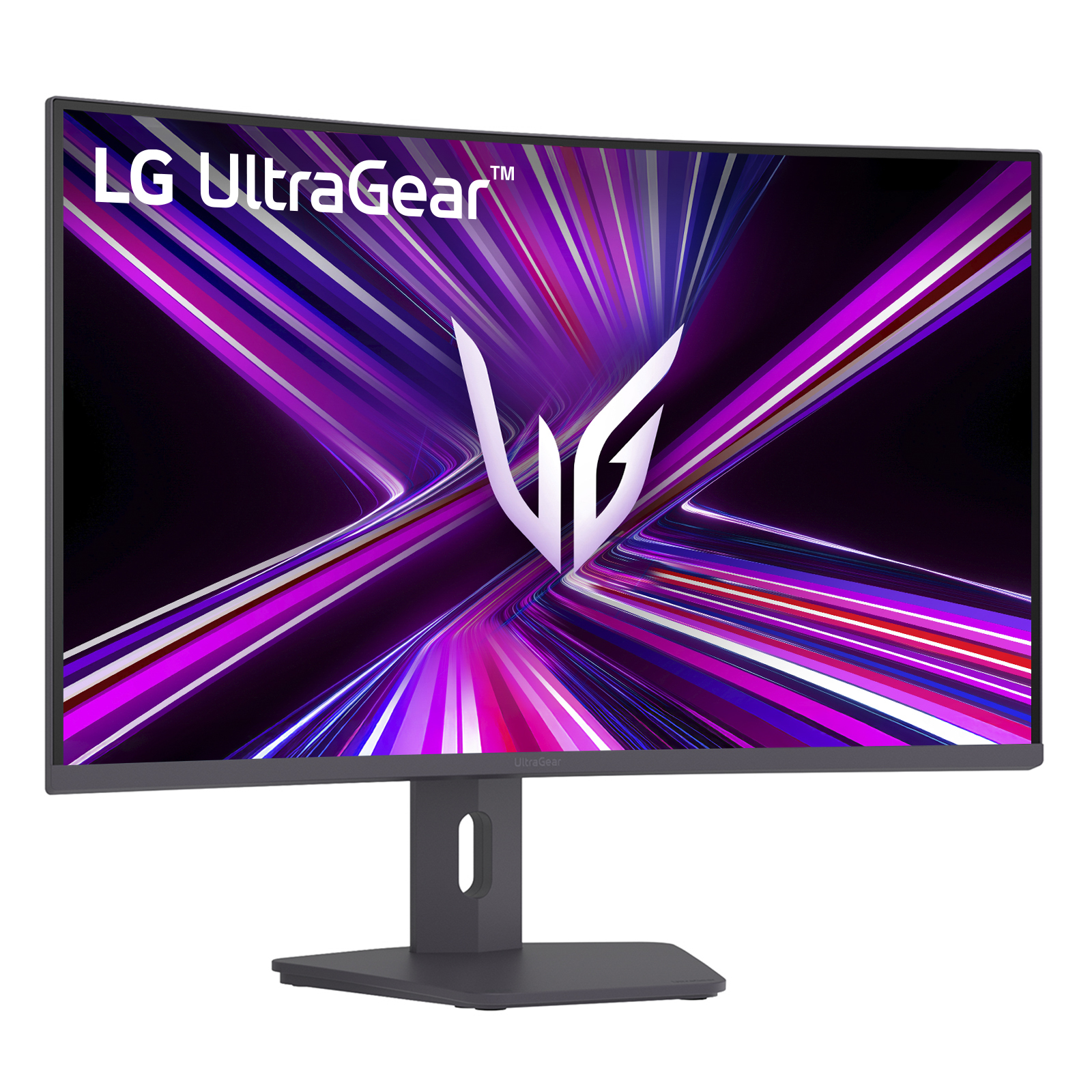 Zakrzywiony monitor LG UltraGear. Ekran wyświetla fioletowe, białe i czarne linie z logo LG. Podstawa jest ciemnoszara.