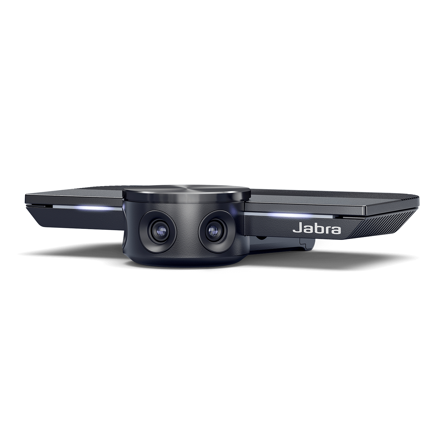 Un dispositivo per videoconferenze Jabra. Ha due telecamere, un cilindro centrale e due bracci rettangolari. Il logo Jabra è visibile.