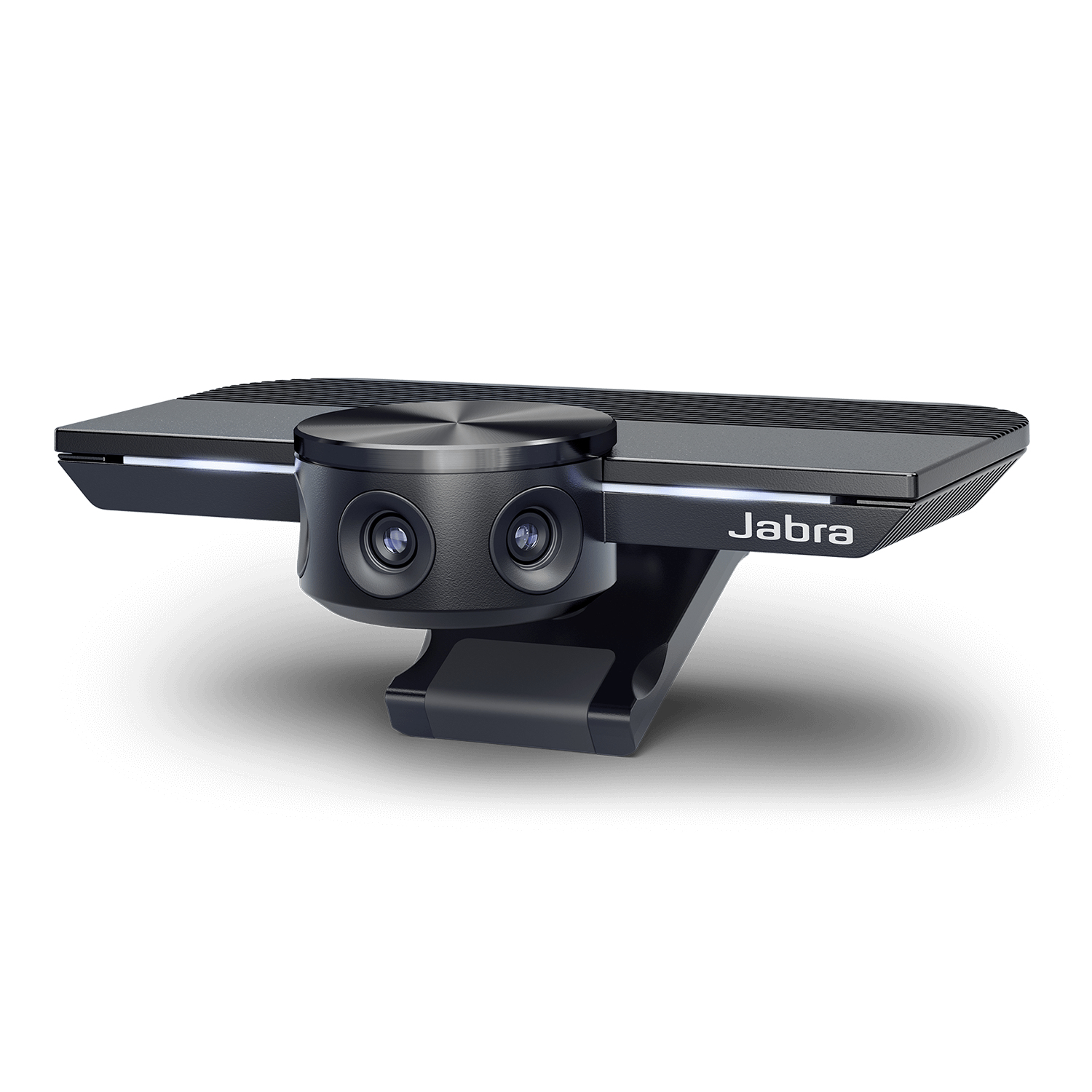 Una webcam Jabra nera. Ha un centro arrotondato con due lenti e una parte superiore piatta. Il logo Jabra è visibile.