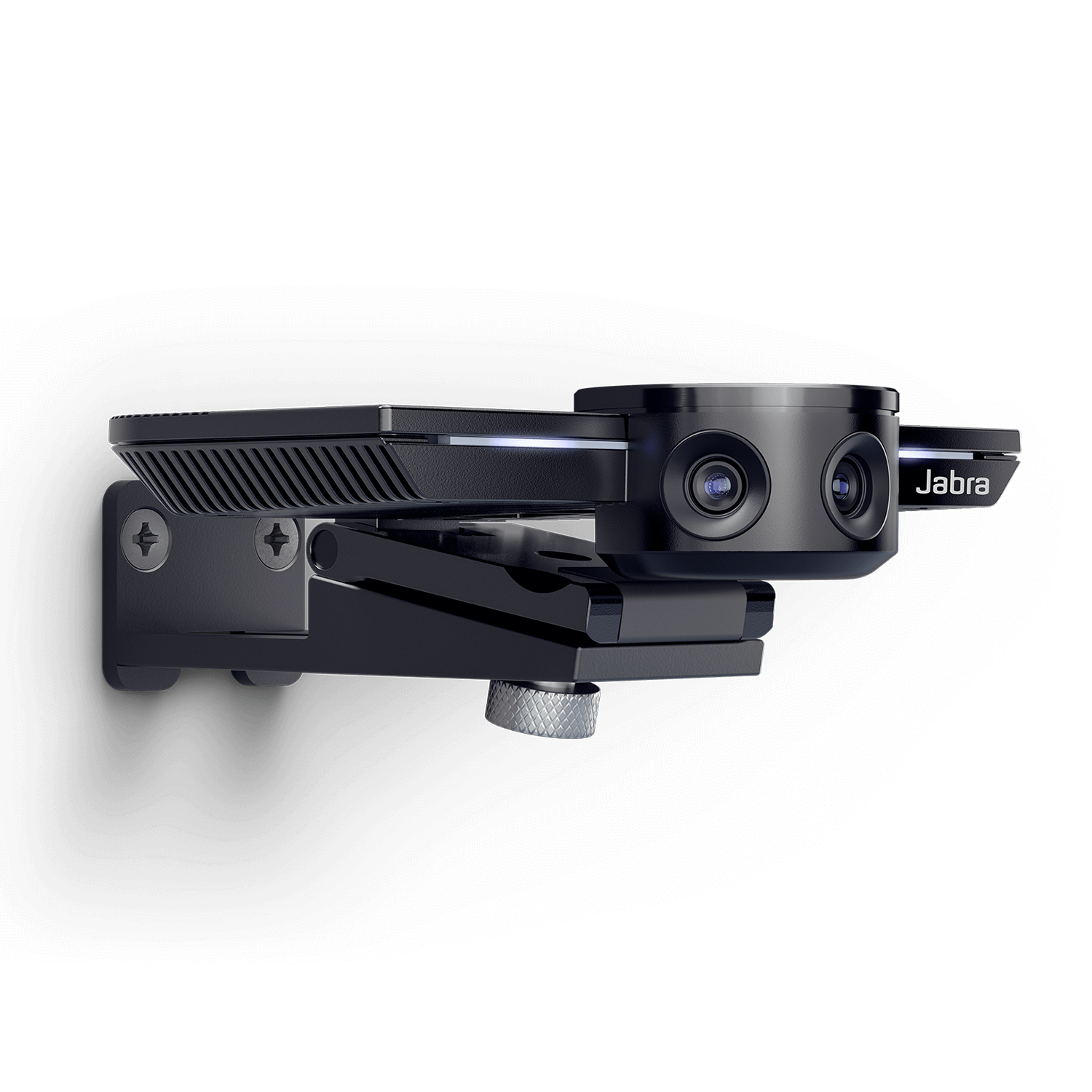 Una webcam Jabra nera è montata su un muro bianco. Ha due lenti e una parte superiore rettangolare. Il logo Jabra è visibile.