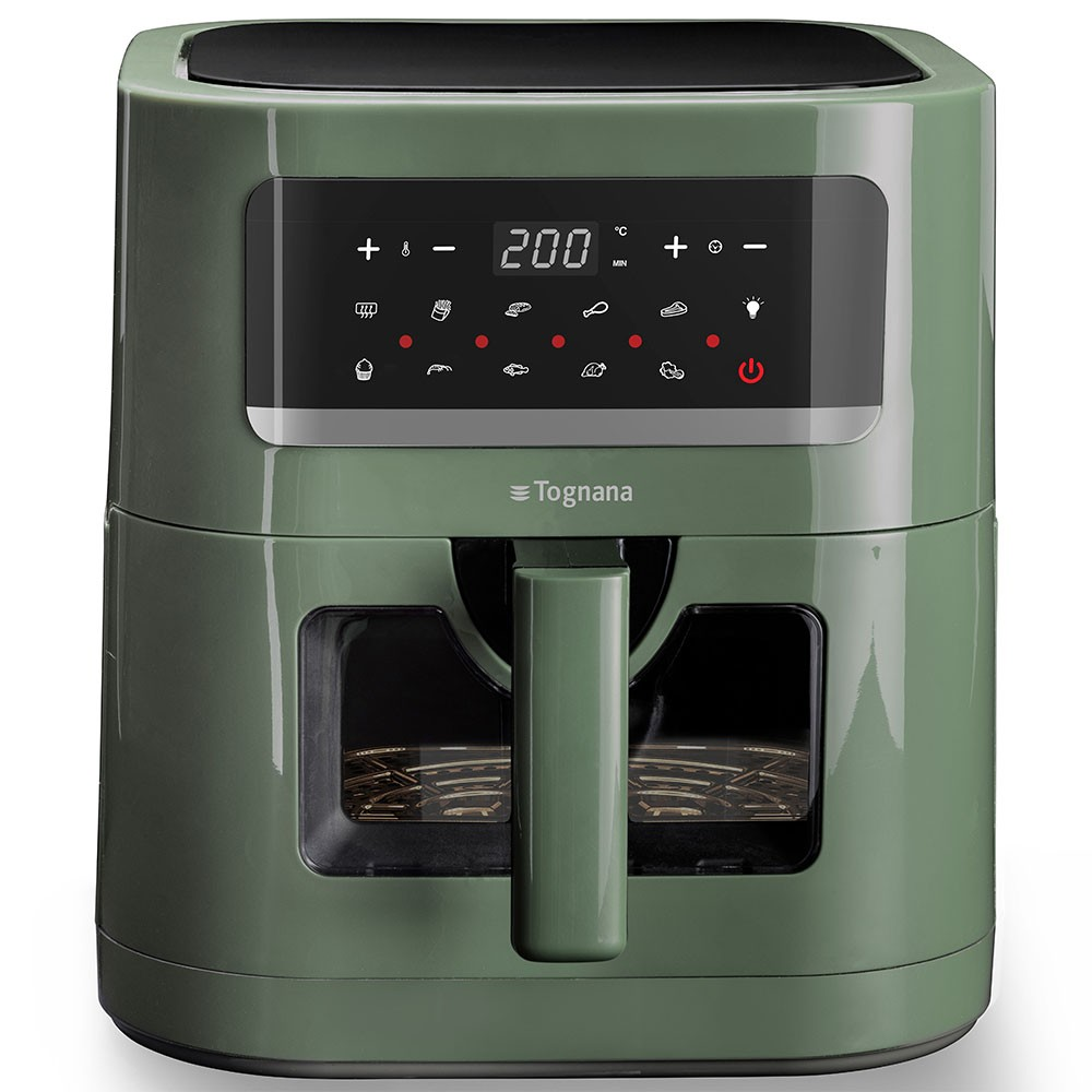 Friggitrice ad aria verde con display digitale che mostra 200 gradi. Ha una maniglia e una finestra trasparente. Il marchio Tognana è visibile.