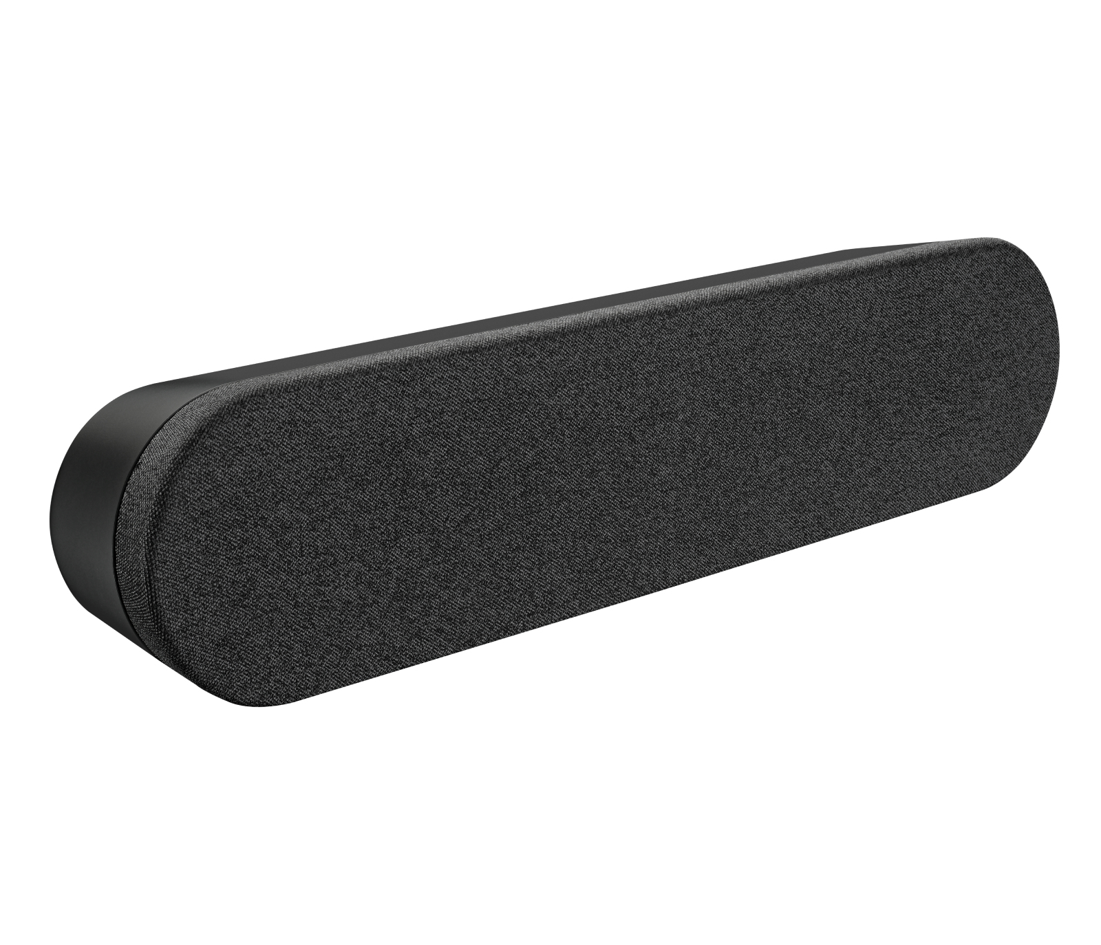 Una soundbar nera con angoli arrotondati su sfondo bianco. La soundbar è rivestita in tessuto nero.