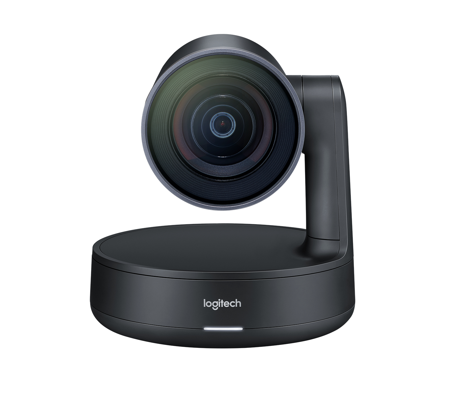 Una videocamera Logitech nera su sfondo bianco. Ha un obiettivo grande e una base rotonda con il logo Logitech.