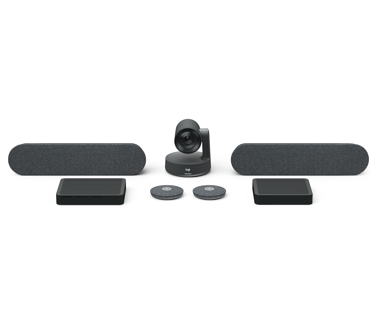 Un kit per videoconferenze Logitech, tra cui una telecamera, due altoparlanti, due microfoni e due hub di controllo, su sfondo bianco.