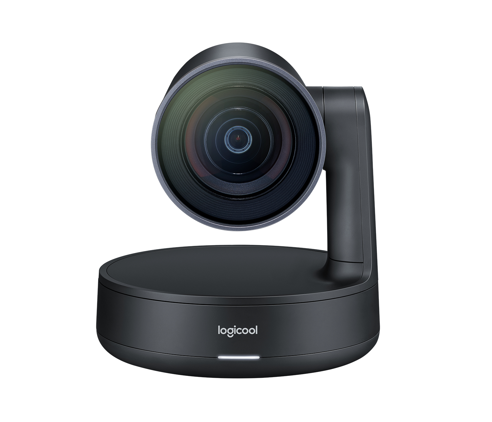 Una webcam Logitech. Colore grigio scuro. Ha un obiettivo e una base. Il logo Logitech è visibile.