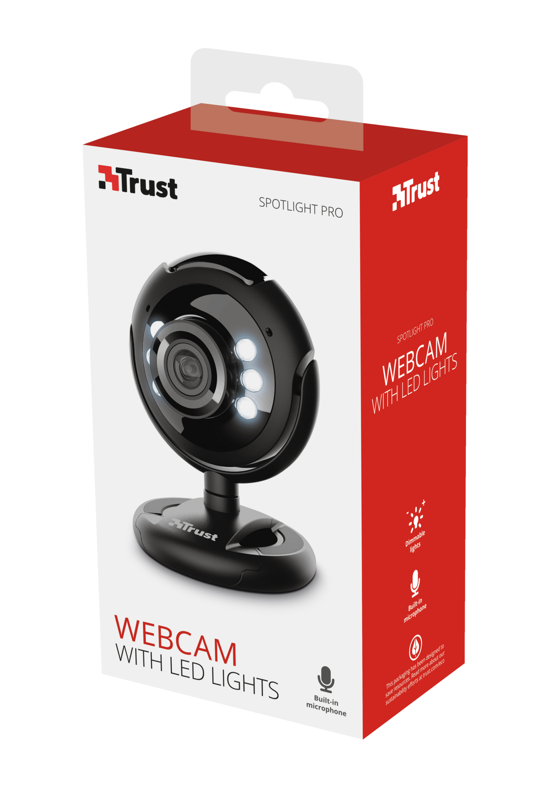 Eine Webcam-Box. Die Webcam ist schwarz mit weißen LED-Leuchten. Die Box ist rot und weiß mit dem Trust-Logo.