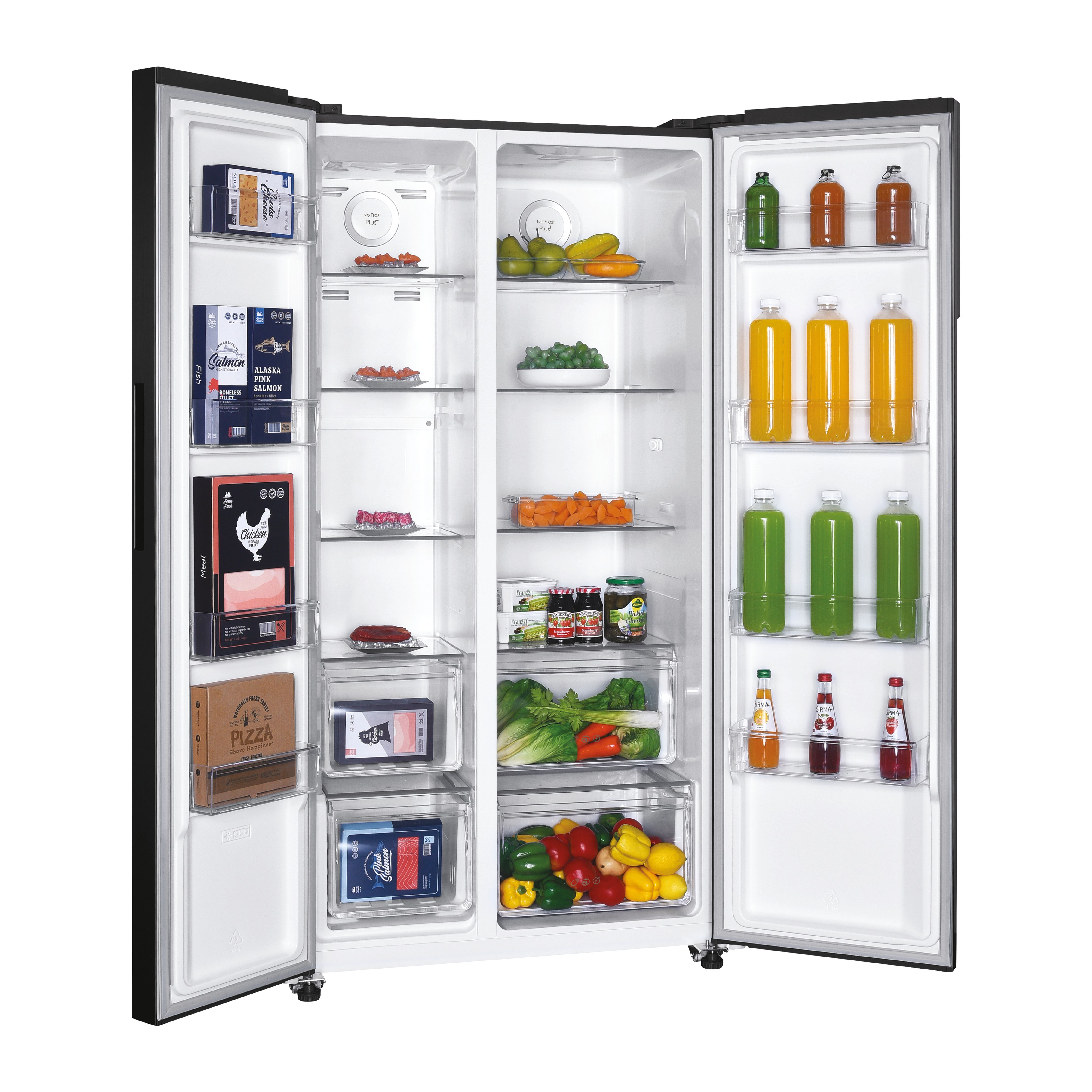 Un refrigerador de doble puerta está abierto, lleno de alimentos como frutas, verduras, bebidas y productos envasados.