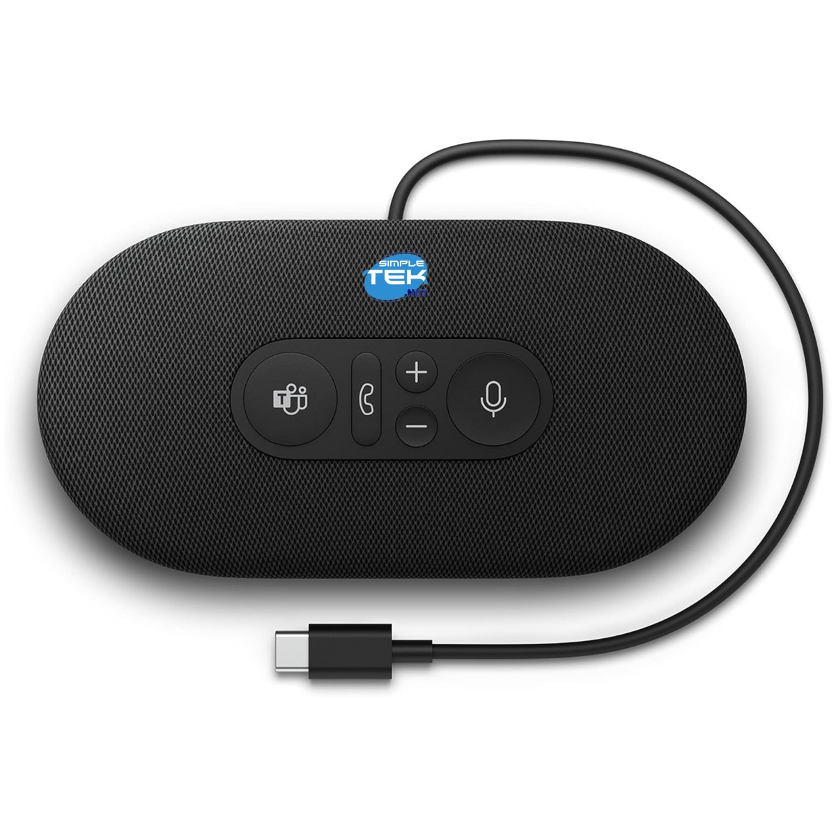 Un dispositivo per conferenze Simple Tek ovale nero con pulsante Teams, microfono e controlli del volume, collegato a un cavo USB-C.