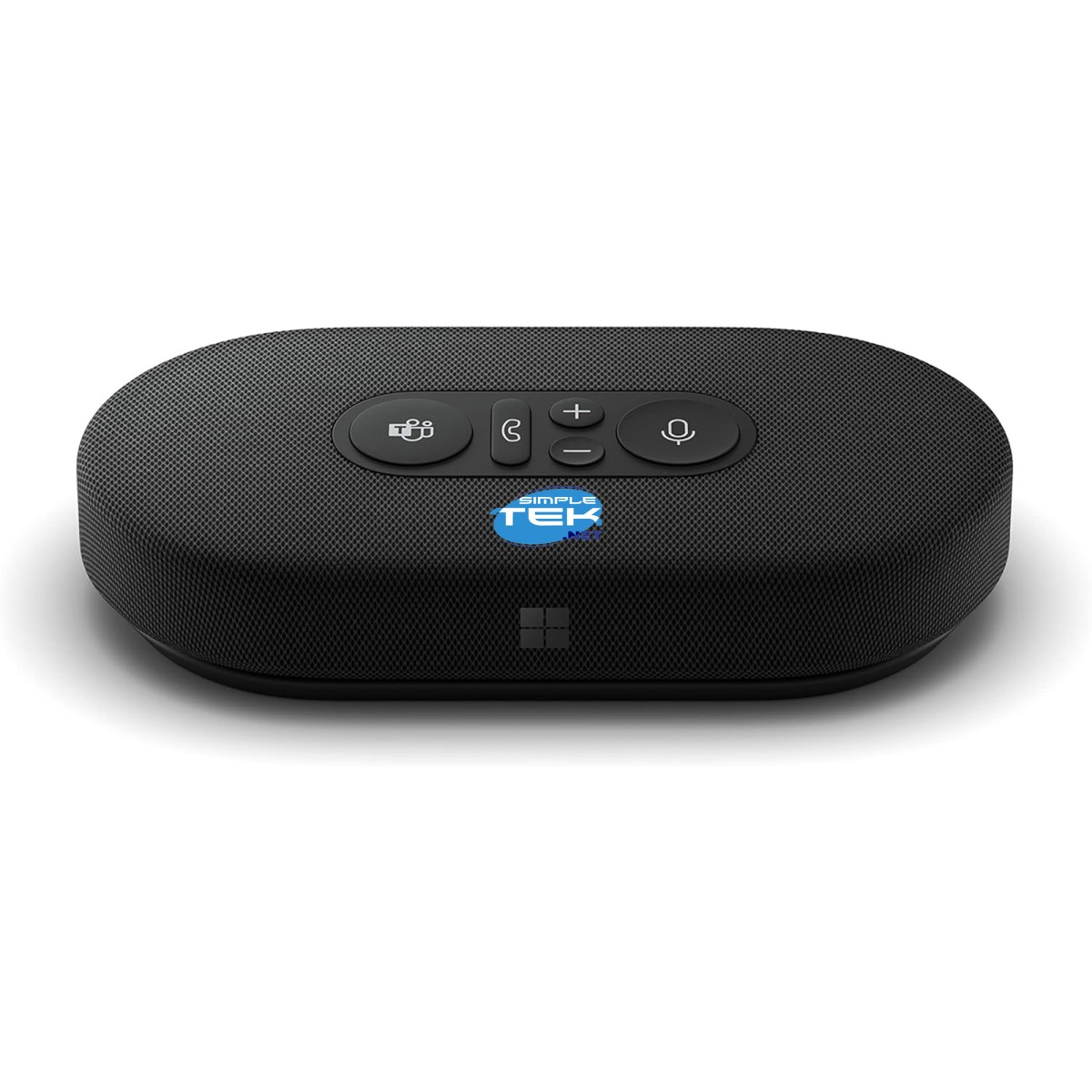 Altoparlante ovale nero con pulsanti, un logo SIMPLE TEK e un logo Microsoft. È su sfondo bianco.