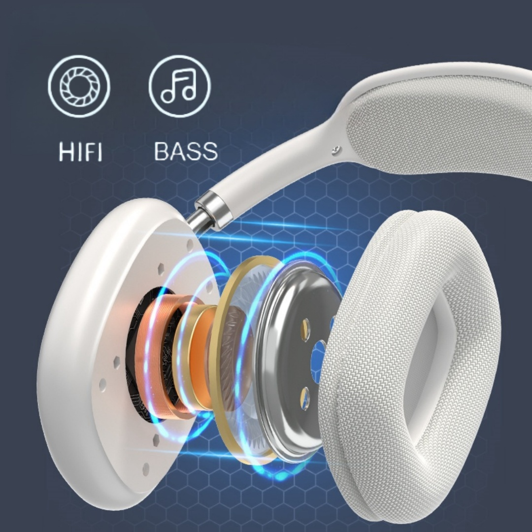 Auriculares blancos con componentes internos visibles. Hay iconos de HiFi y Bass. El fondo es azul oscuro con un patrón de panal.