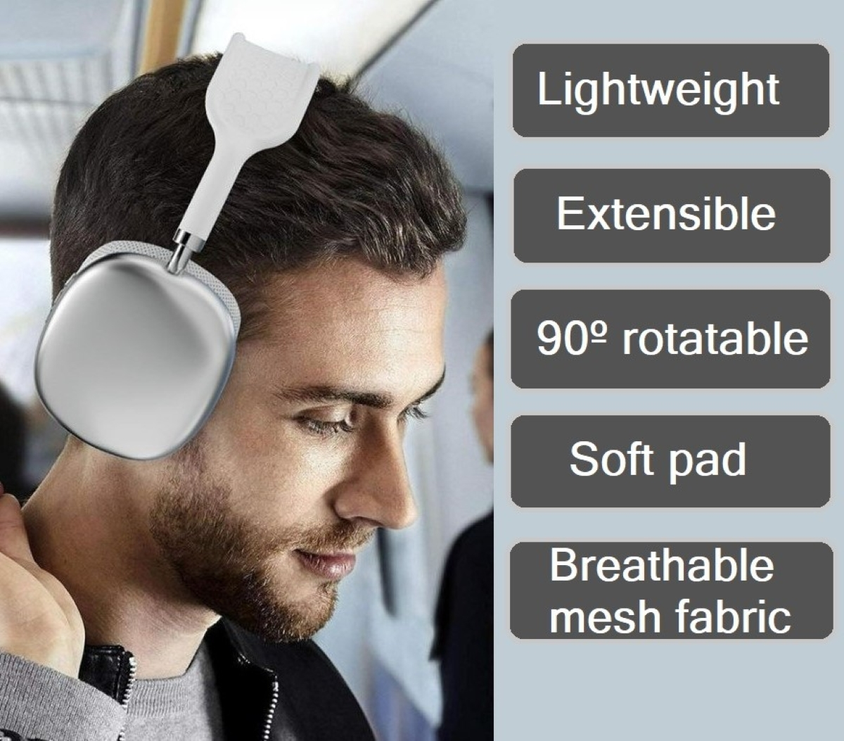 Un hombre con auriculares plateados. El texto de la derecha enumera características: ligero, extensible, giratorio 90°, almohadilla suave y tejido de malla transpirable.