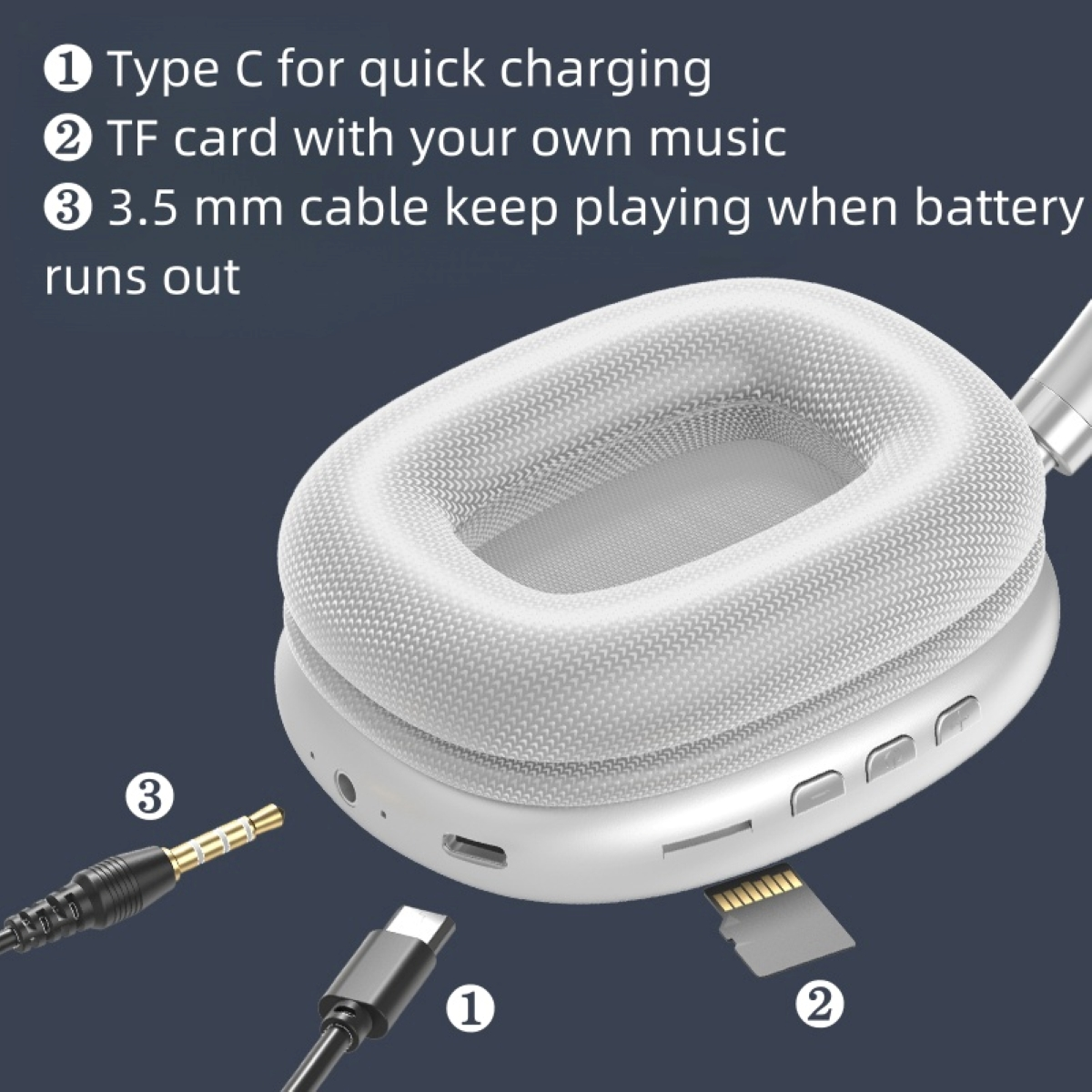 Auriculares blancos con funciones: carga tipo C, ranura para tarjeta TF y entrada de cable de 3,5 mm.