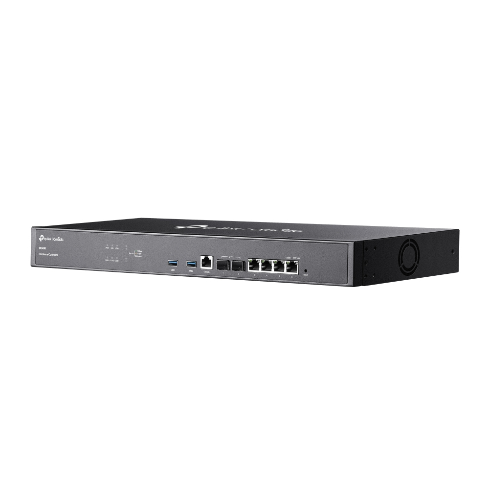 Ein dunkelgrauer TP-Link Omada Hardware-Controller. Er hat mehrere Anschlüsse, USB-Steckplätze und Kontrollleuchten. Auf der Seite ist ein Lüfter zu sehen.