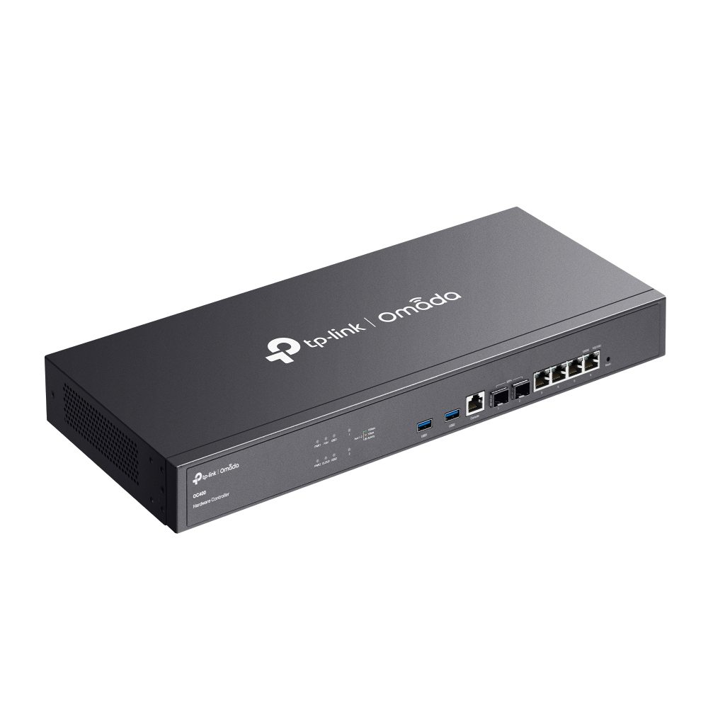 Ein grauer TP-Link Omada Hardware-Controller. Das Gerät hat mehrere Anschlüsse und Kontrollleuchten. Das TP-Link-Logo und das Omada-Branding sind sichtbar.