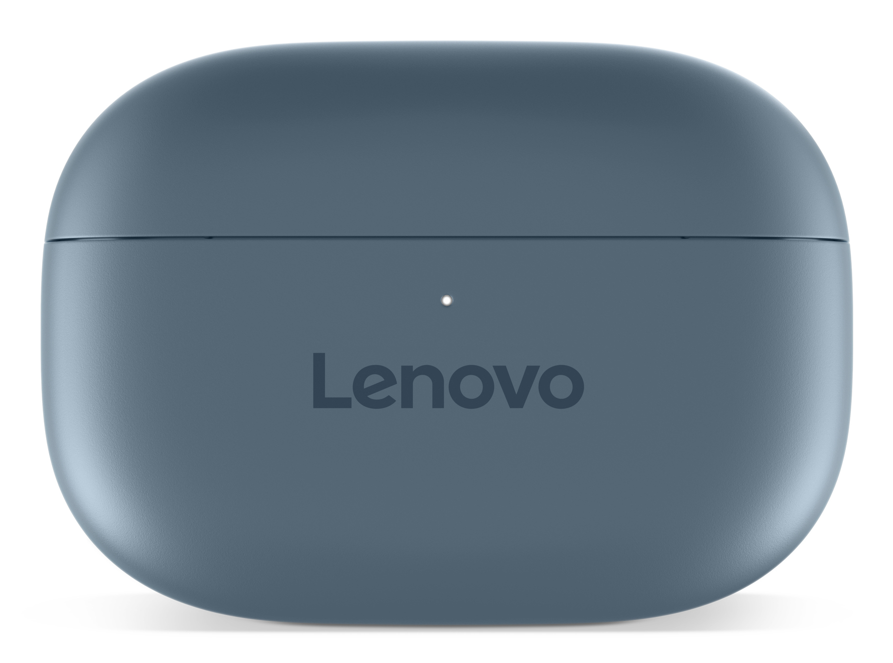 Estuche Lenovo de auriculares azul-gris cerrado sobre fondo blanco. El logotipo de Lenovo está en la parte inferior.