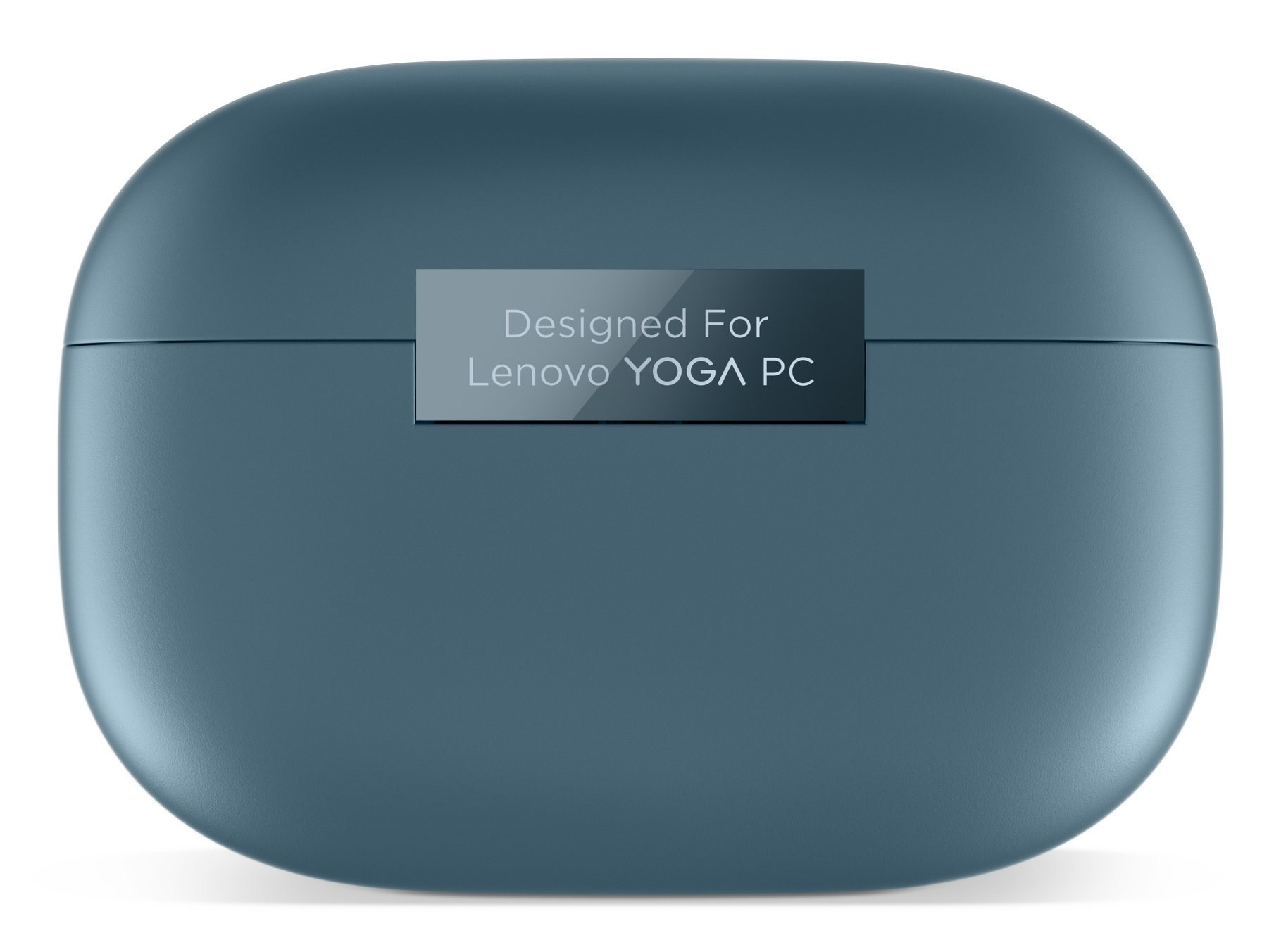 Una funda ovalada de color verde azulado con una etiqueta que dice 'Designed For Lenovo YOGA PC'.