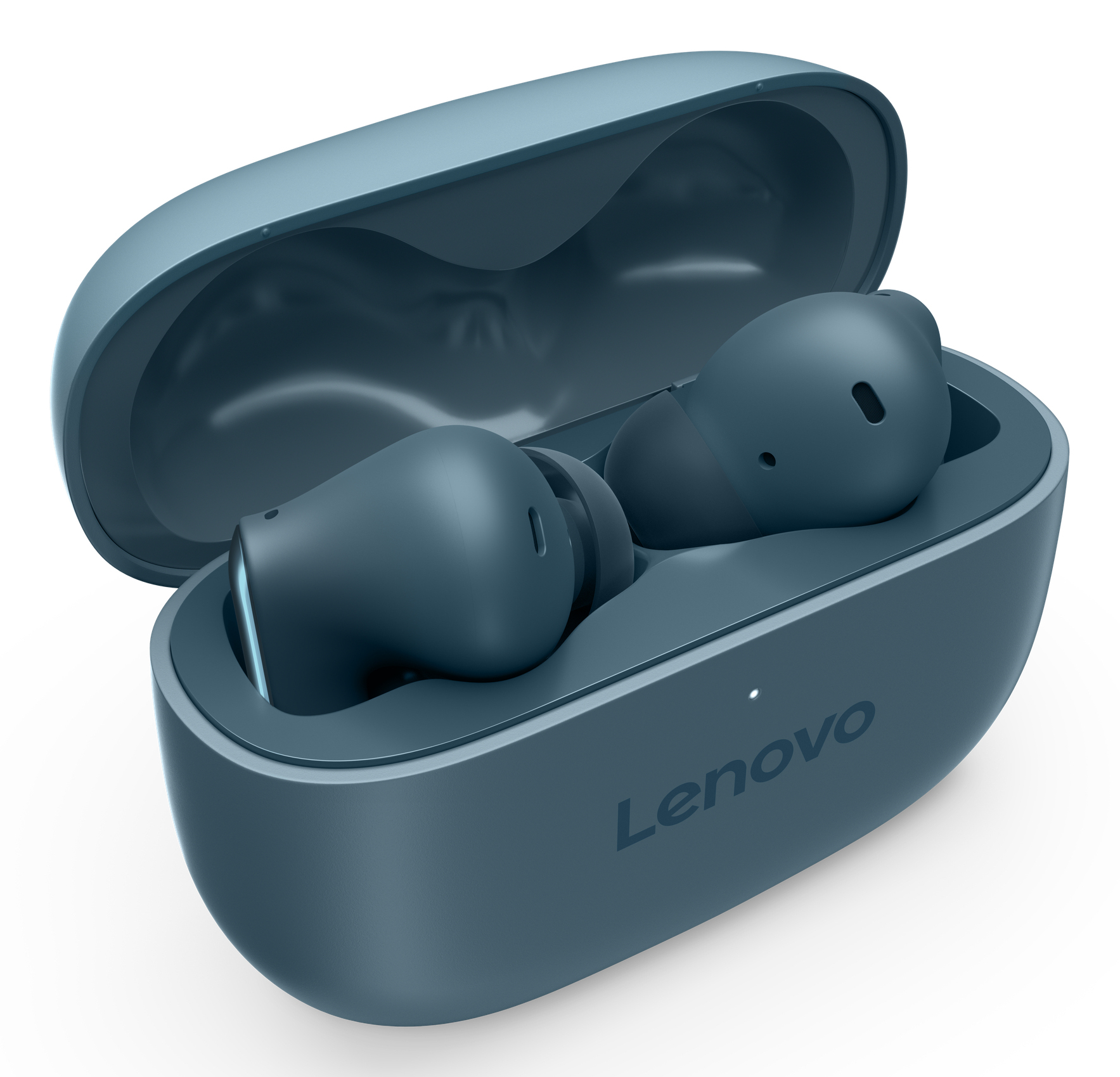 Auriculares Lenovo azules en un estuche abierto. Dos auriculares están dentro. El estuche está abierto sobre un fondo blanco.