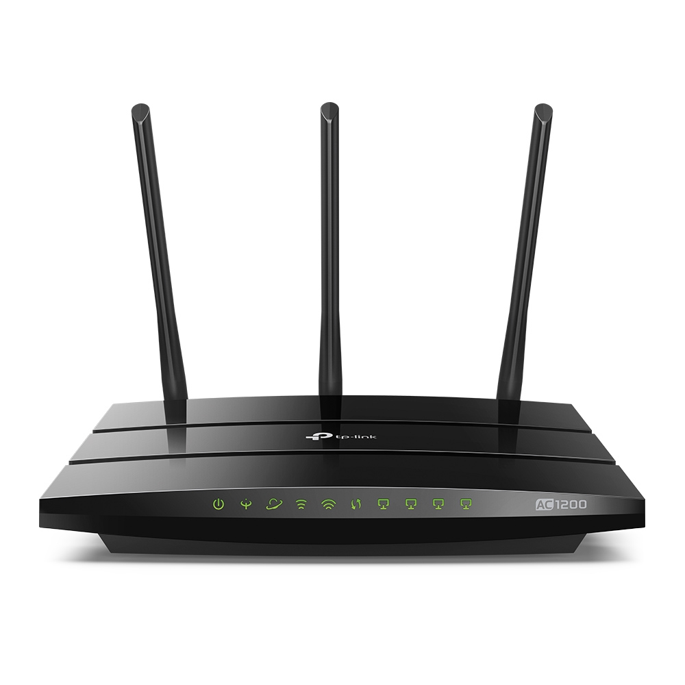 Czarny router TP-Link AC1200 z trzema antenami. Ma zielone kontrolki i logo TP-Link.